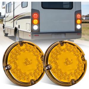 Nilight Trailer Tail Light 2PCS 4Inch Round 16 LED Red Amber Chrome Frame Marker Clearance Stop Brake Turn Signal Running Taillight IP67 Waterproof for Trailer Truck Pickup Camper RV(Amber 2Pcs 47Led 7Inch)