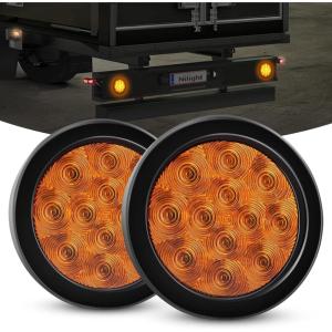Nilight Trailer Tail Light 2PCS 4Inch Round 16 LED Red Amber Chrome Frame Marker Clearance Stop Brake Turn Signal Running Taillight IP67 Waterproof for Trailer Truck Pickup Camper RV(Amber 2pcs)