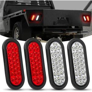 Nilight Trailer Tail Light 2PCS 6Inch Oval 23 LED Red White Chrome Frame Marker Clearance Stop Brake Reverse Backup Running Taillight IP67 Waterproof for Trailer Truck Pickup Camper RV(4Pcs Red/White 24Led Lights)