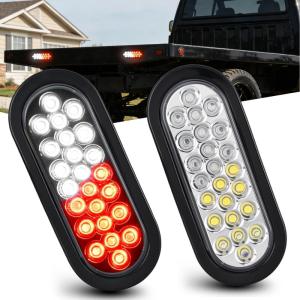 Nilight Trailer Tail Light 2PCS 6Inch Oval 23 LED Red White Chrome Frame Marker Clearance Stop Brake Reverse Backup Running Taillight IP67 Waterproof for Trailer Truck Pickup Camper RV(2Pcs Red White 24Led Strobe Lights)