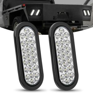 Nilight Trailer Tail Light 2PCS 6Inch Oval 23 LED Red White Chrome Frame Marker Clearance Stop Brake Reverse Backup Running Taillight IP67 Waterproof for Trailer Truck Pickup Camper RV(2Pcs White 24Led Lights)