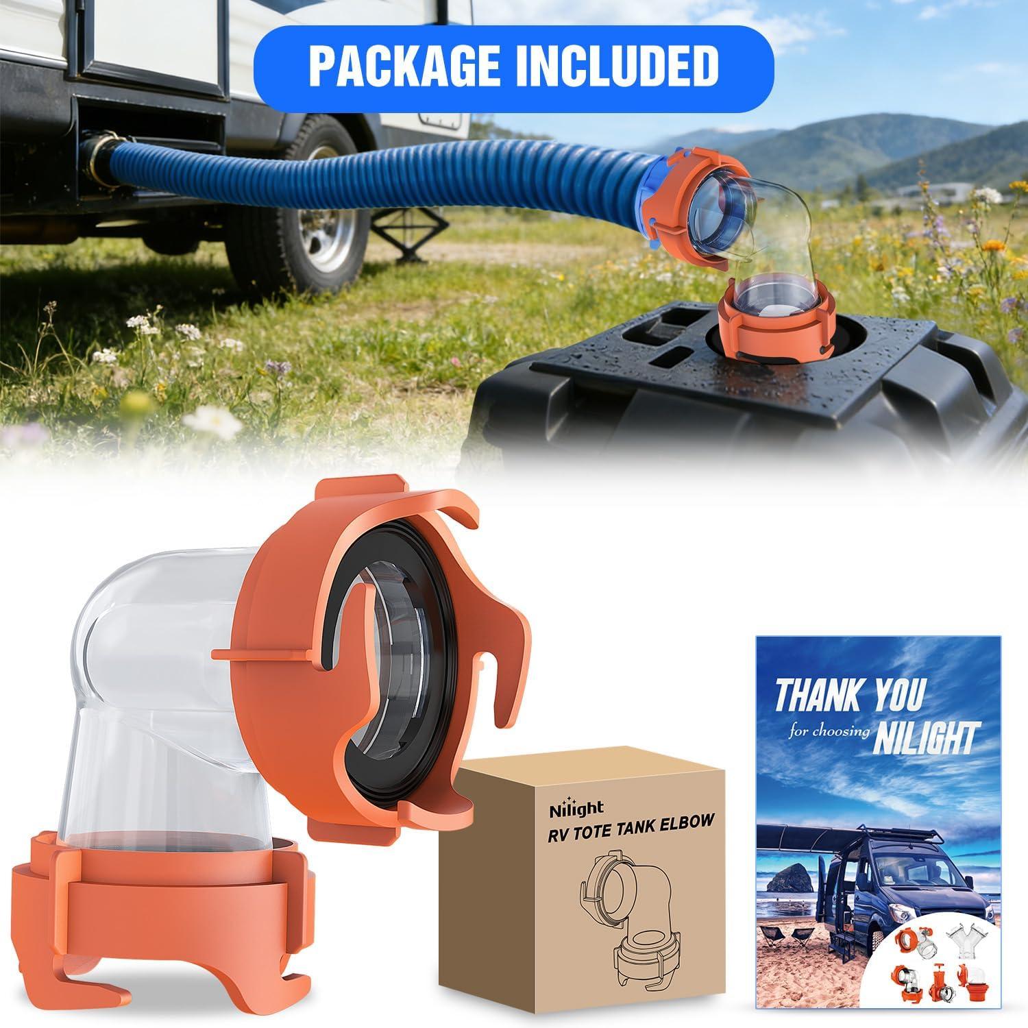 image:imageNilight 90 Degree RV Tote Tank Adapter Clear RV Sewer Hose Elbow Fitting with 4 Swivel Bayonet Prongs LeakProof Double OdorTight Sealing Ring for RV Camping Portable Waste Tank Sewer Hoses BlueRV Tote Tank Adapter Orange