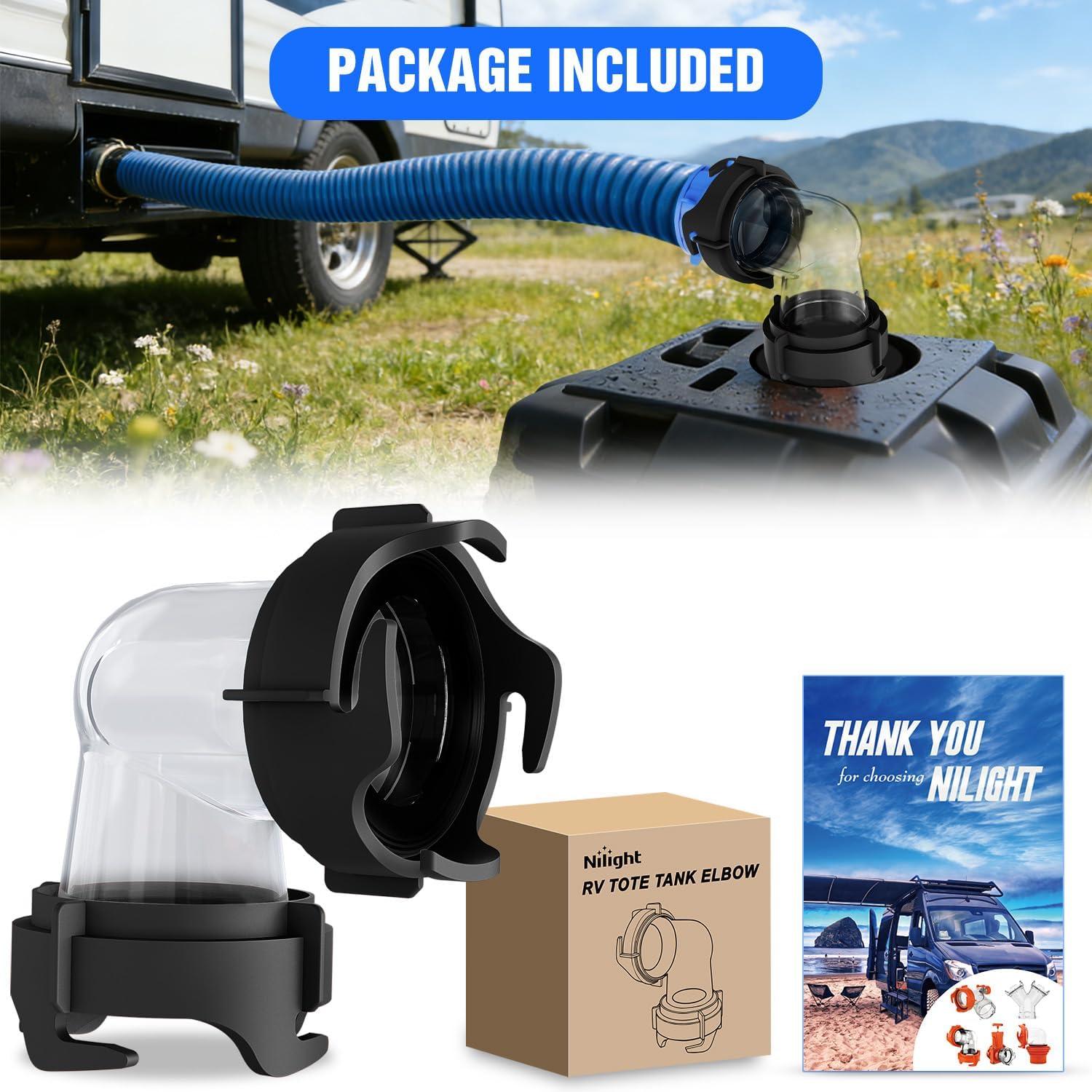 image:imageNilight 90 Degree RV Tote Tank Adapter Clear RV Sewer Hose Elbow Fitting with 4 Swivel Bayonet Prongs LeakProof Double OdorTight Sealing Ring for RV Camping Portable Waste Tank Sewer Hoses BlueRV Tote Tank Adapter Black