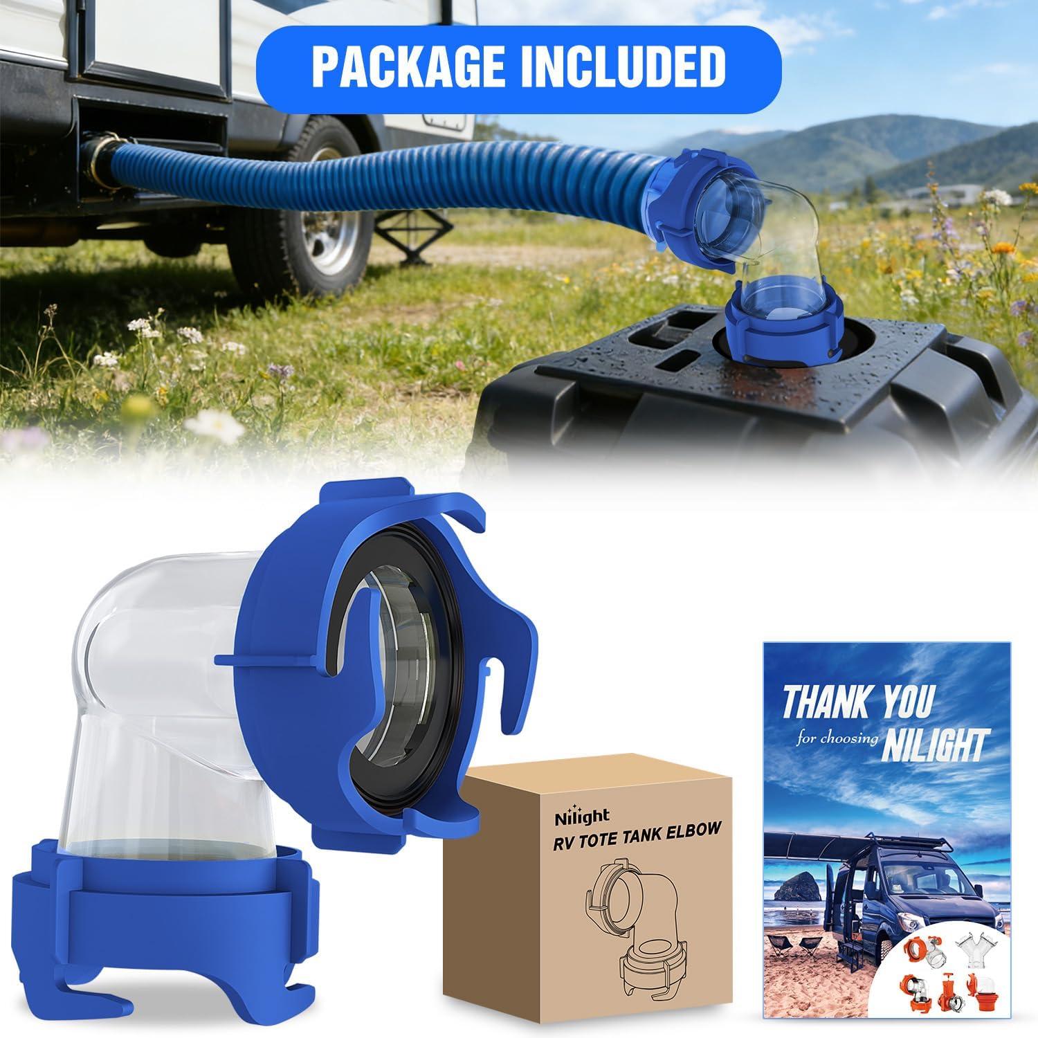 image:imageNilight 90 Degree RV Tote Tank Adapter Clear RV Sewer Hose Elbow Fitting with 4 Swivel Bayonet Prongs LeakProof Double OdorTight Sealing Ring for RV Camping Portable Waste Tank Sewer Hoses BlueRV Tote Tank Adapter Blue