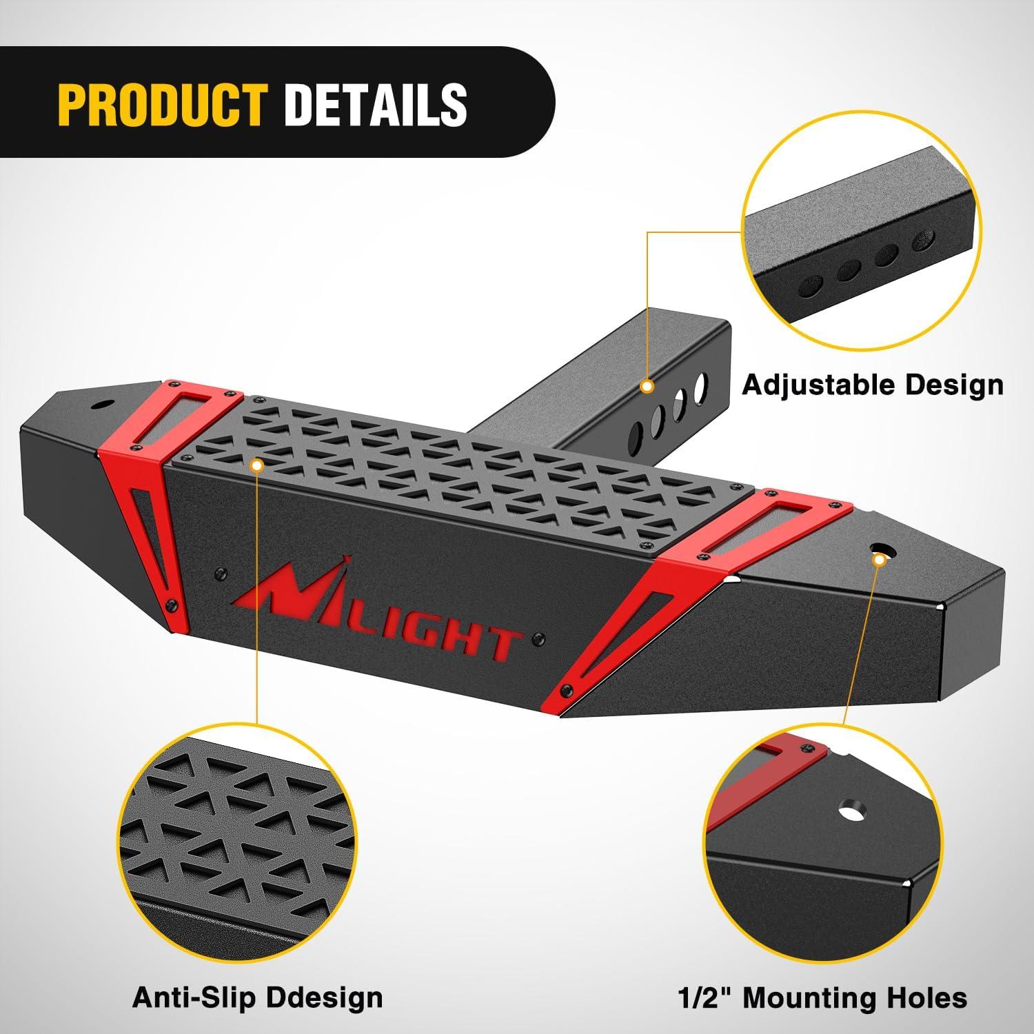 image:imageNilight Hitch Step with Whip Mount Holes 2 Receiver Upgraded Textured Black AntiSlip Step Bar Rear Bumper Guard Protector Includes Hitch Lock amp UBolts Universal Fit for Trucks SUV Car VanHitch Extender with Step