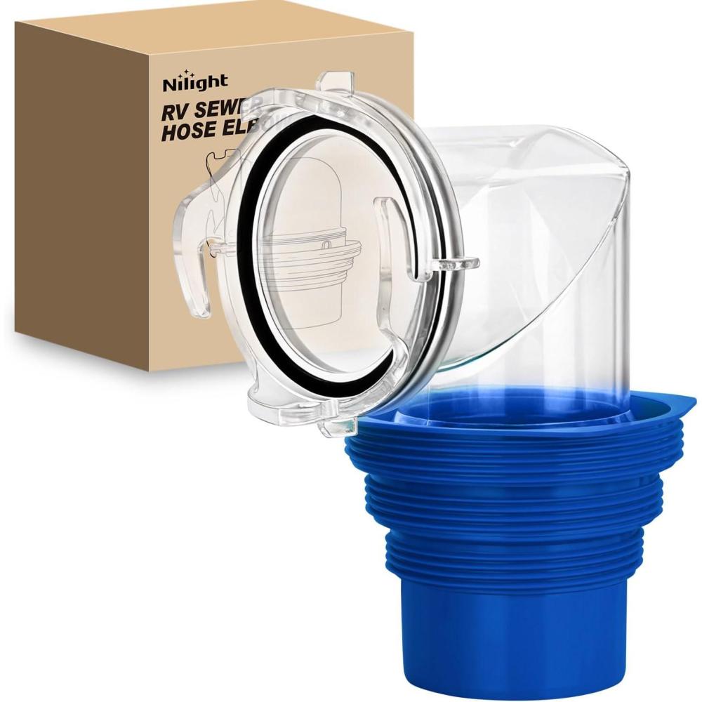 image:imageNilight 90 Degree RV Tote Tank Adapter Clear RV Sewer Hose Elbow Fitting with 4 Swivel Bayonet Prongs LeakProof Double OdorTight Sealing Ring for RV Camping Portable Waste Tank Sewer Hoses Blue90 RV Sewer Hose Fittings Blue