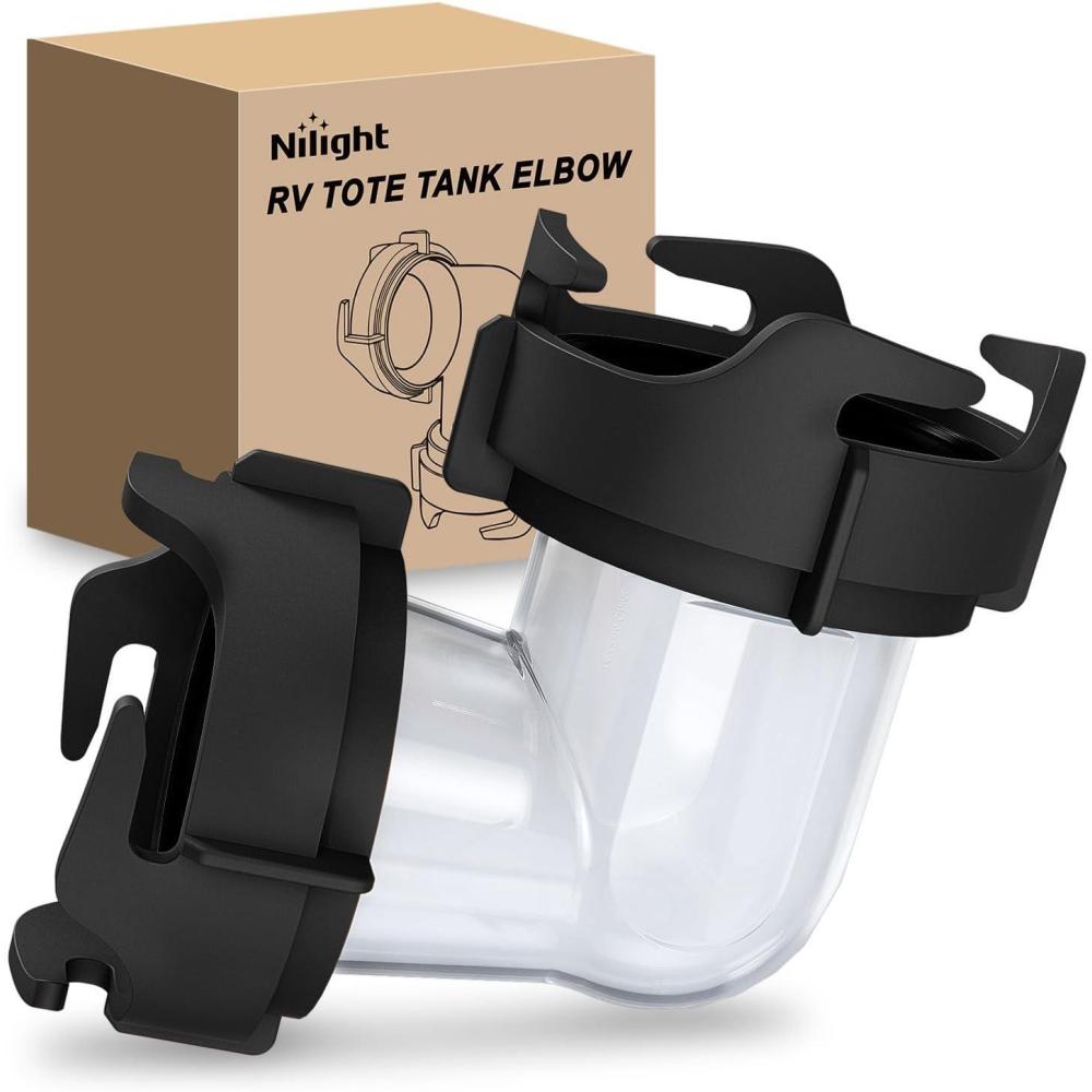 image:imageNilight 90 Degree RV Tote Tank Adapter Clear RV Sewer Hose Elbow Fitting with 4 Swivel Bayonet Prongs LeakProof Double OdorTight Sealing Ring for RV Camping Portable Waste Tank Sewer Hoses BlueRV Tote Tank Adapter Black