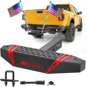 Nilight Hitch Step with Whip Mount Holes 2″ Receiver Upgraded Textured Black Anti-Slip Step Bar Rear Bumper Guard Protector Includes Hitch Lock & U-Bolts Universal Fit for Trucks SUV Car Van(Hitch Extender with Step)