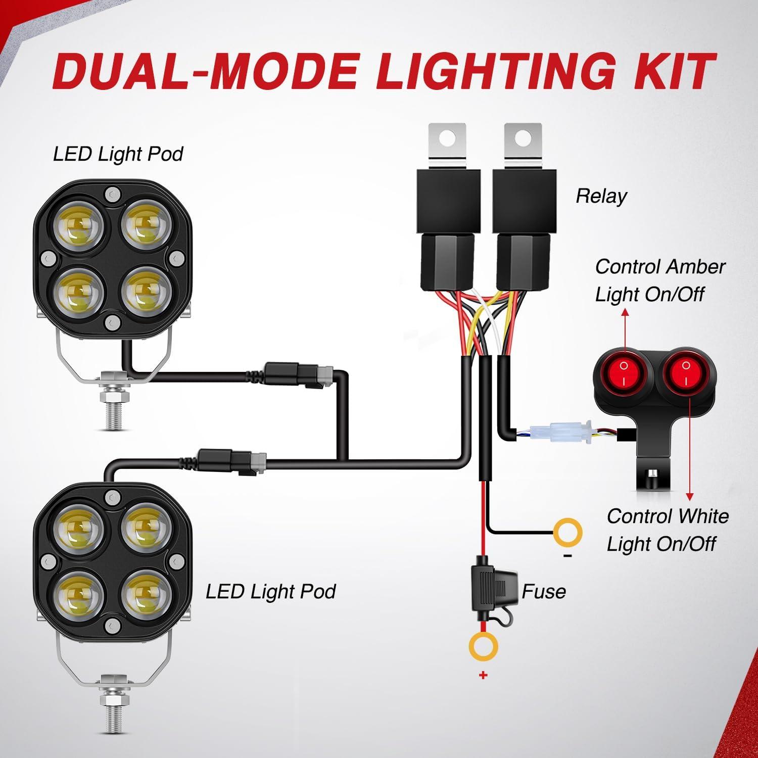 image:imageNilight 78 Handlebar Motorcycle LED Driving Light Pod 2PCS 3 Inch 40W White Amber Dual Color Spot Beam Fog Auxiliary Offroad Lighting with 16AWG Wiring Harness for 12V Motorbike Dirt Bike eBike