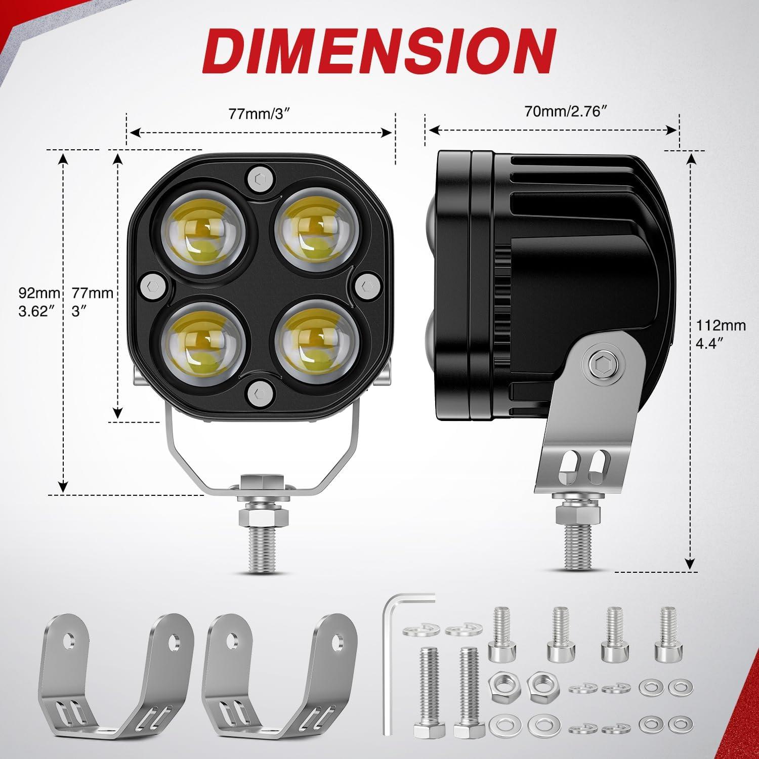 image:imageNilight 78 Handlebar Motorcycle LED Driving Light Pod 2PCS 3 Inch 40W White Amber Dual Color Spot Beam Fog Auxiliary Offroad Lighting with 16AWG Wiring Harness for 12V Motorbike Dirt Bike eBike
