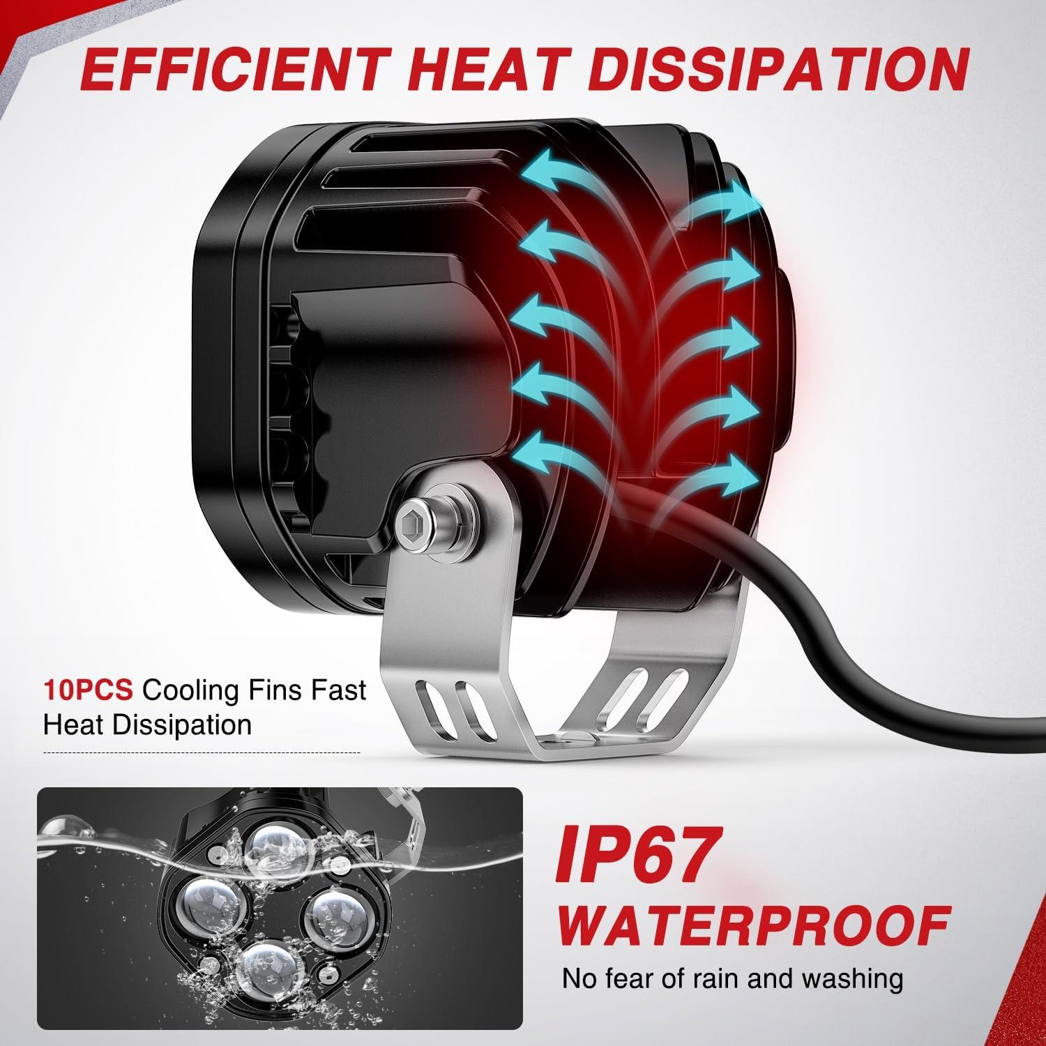 image:imageNilight 78 Handlebar Motorcycle LED Driving Light Pod 2PCS 3 Inch 40W White Amber Dual Color Spot Beam Fog Auxiliary Offroad Lighting with 16AWG Wiring Harness for 12V Motorbike Dirt Bike eBike