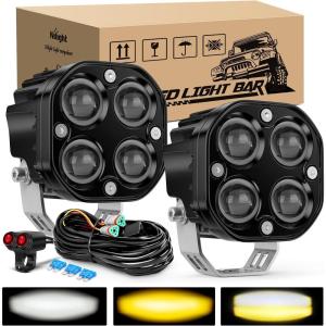 Nilight 7/8″ Handlebar Motorcycle LED Driving Light Pod 2PCS 3 Inch 40W White Amber Dual Color Spot Beam Fog Auxiliary Offroad Lighting with 16AWG Wiring Harness for 12V Motorbike Dirt Bike e-Bike