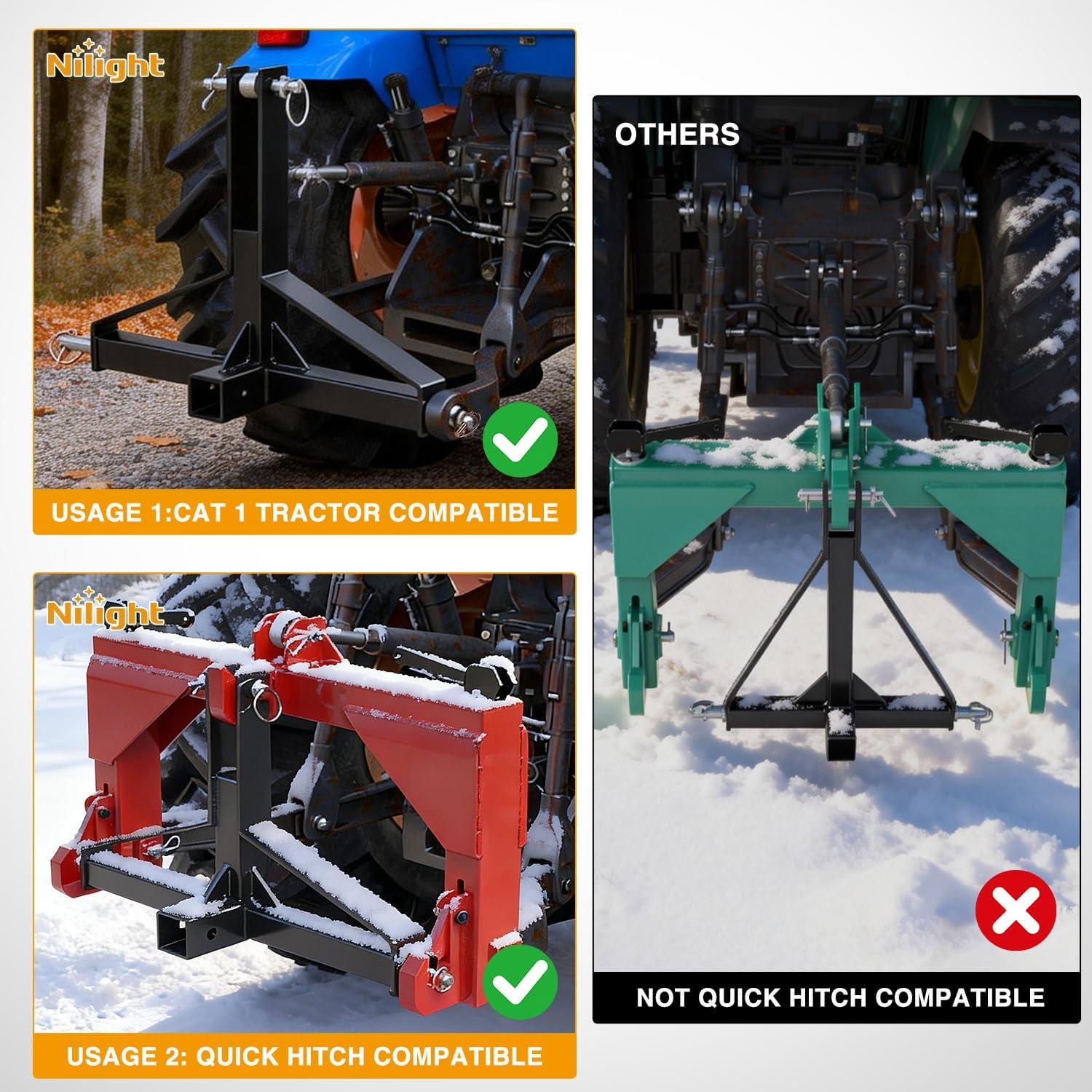 image:imageNilight 3 Point 2 Trailer Hitch Receiver for Category 1 Tractor Heavy Duty Quick Hitch Drawbar Adapter 3000LBS Capacity Compatible with Kubota BX John Deere Kioti Yanmar NorTrac Mahindra Ford Cat3 Point 2 Trailer Hitch Receiver 2617