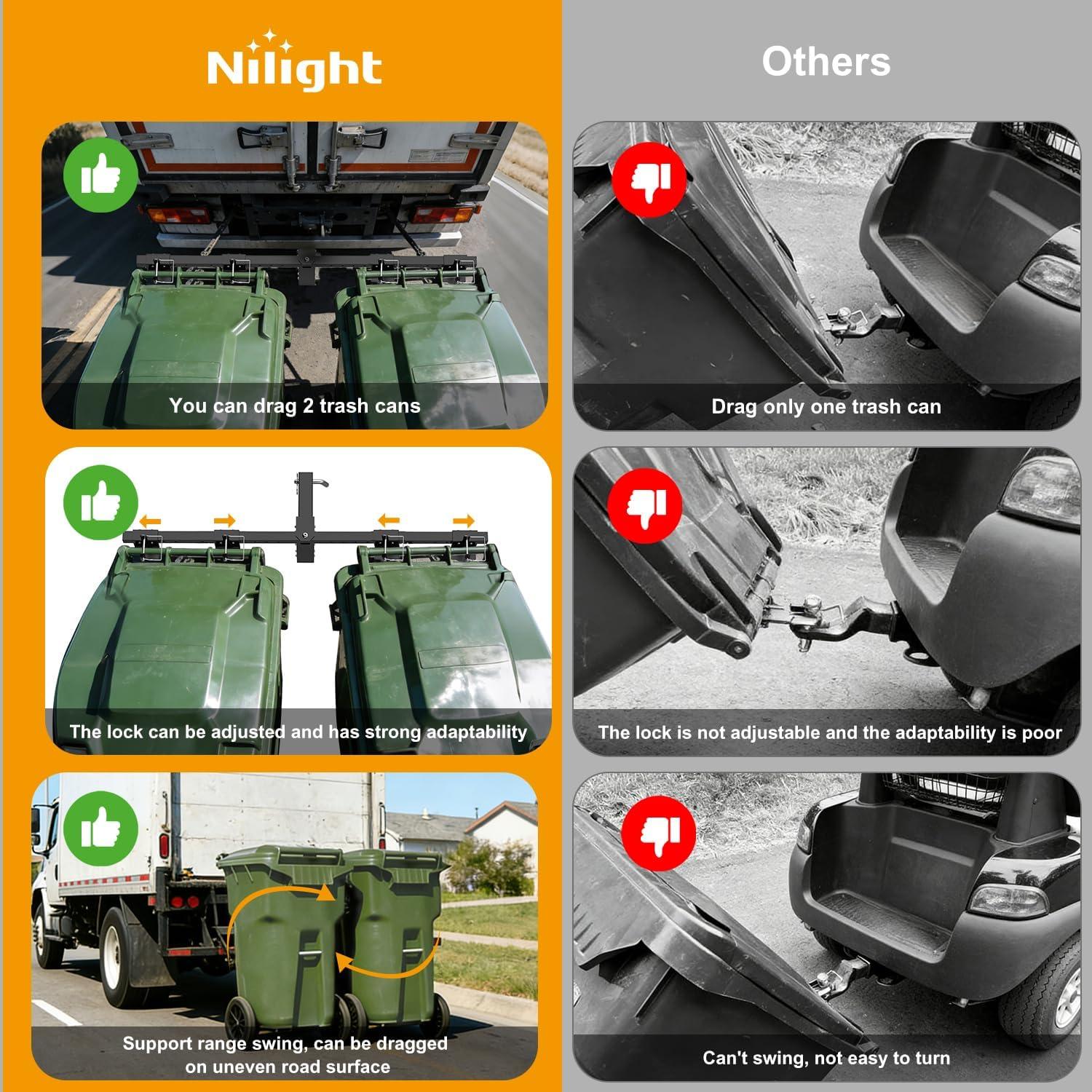 image:imageNilight Dual Trash Can Hauler Hitch Adjustable Height Garbage Can Towing Hitch Carrier Double Trash Can Transporter Trailer Hitch for Truck SUV ATV UTV Golf Cart Lawn Tractor with 2 Receiver