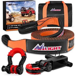 Nilight Heavy Duty Trailer Shackle Kit for Double Eye Springs Fits 3.5K–5.2K Axles Dual-Stage Anti-Rust Coated Complete Installation Hardware Included Durable Suspension Repair Parts Black(20ft Tow Strap +D-Ring Shackle +Hitch)