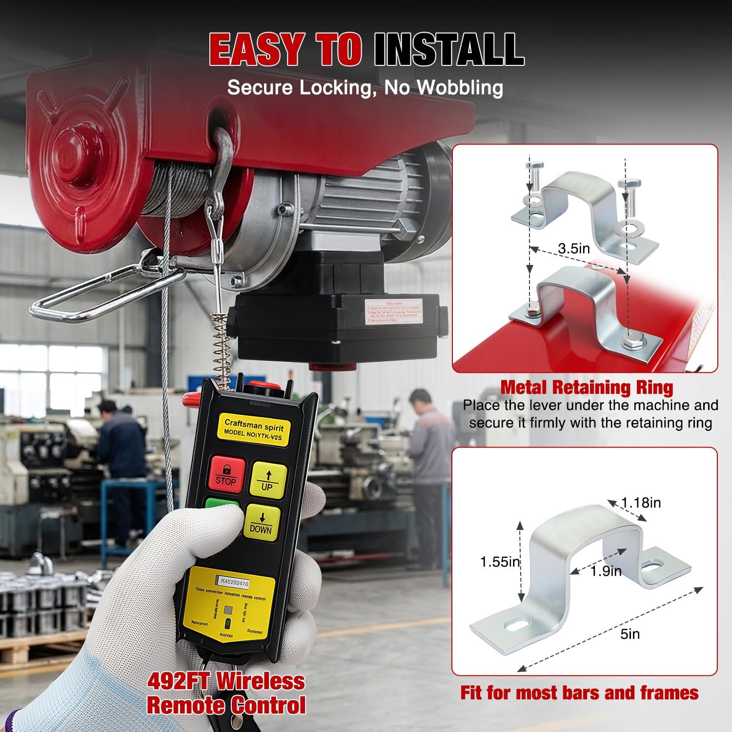 image:imageNilight 1760LBS Electric Hoist 110V Electric Hoist Winch with Wireless Remote Control SingleDouble Slings 39FT Lifting Height Material Handling Tool for Garage Warehouses Factory Attic Ceiling Crane1760LBS Wireless Remote
