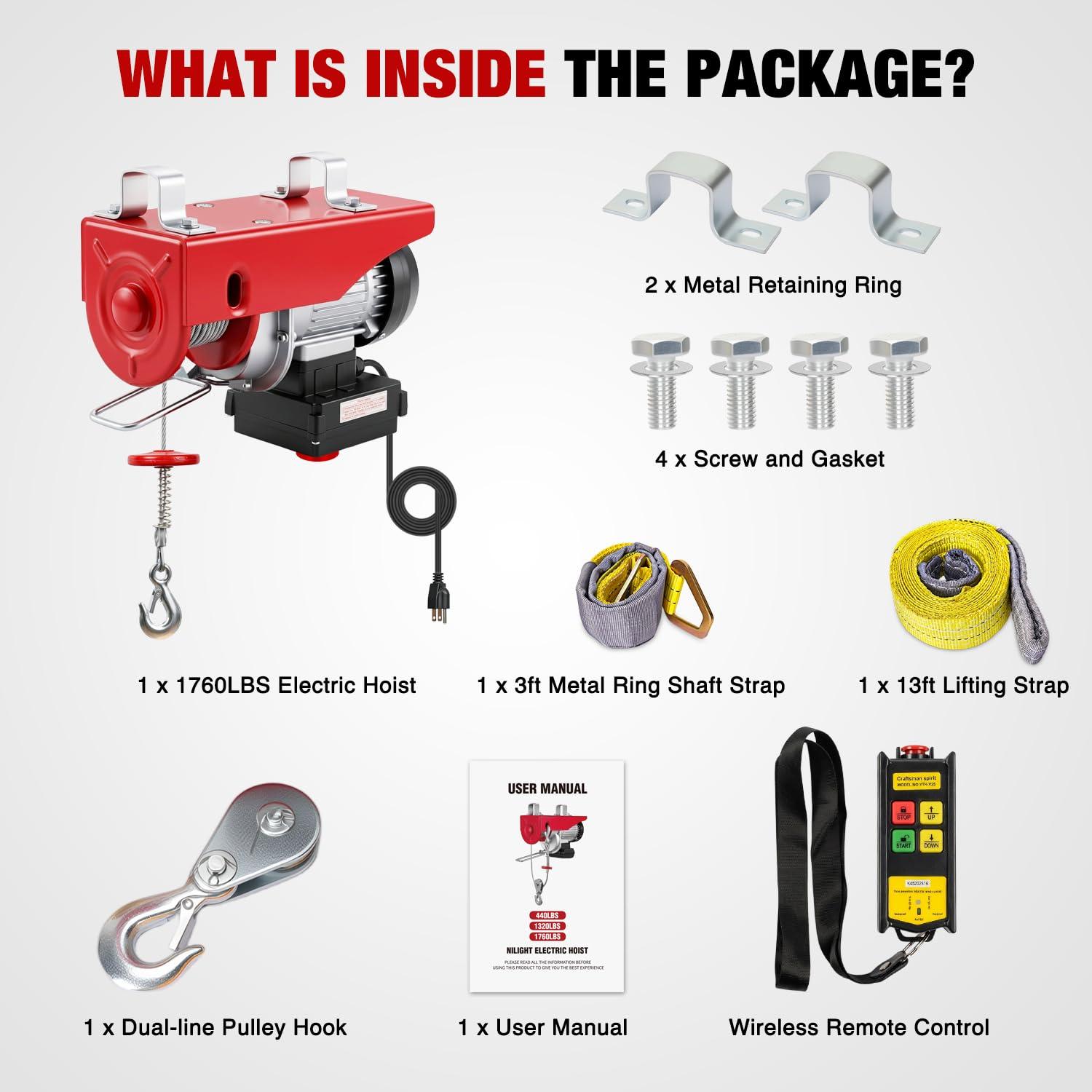 image:imageNilight 1760LBS Electric Hoist 110V Electric Hoist Winch with Wireless Remote Control SingleDouble Slings 39FT Lifting Height Material Handling Tool for Garage Warehouses Factory Attic Ceiling Crane1760LBS Wireless Remote