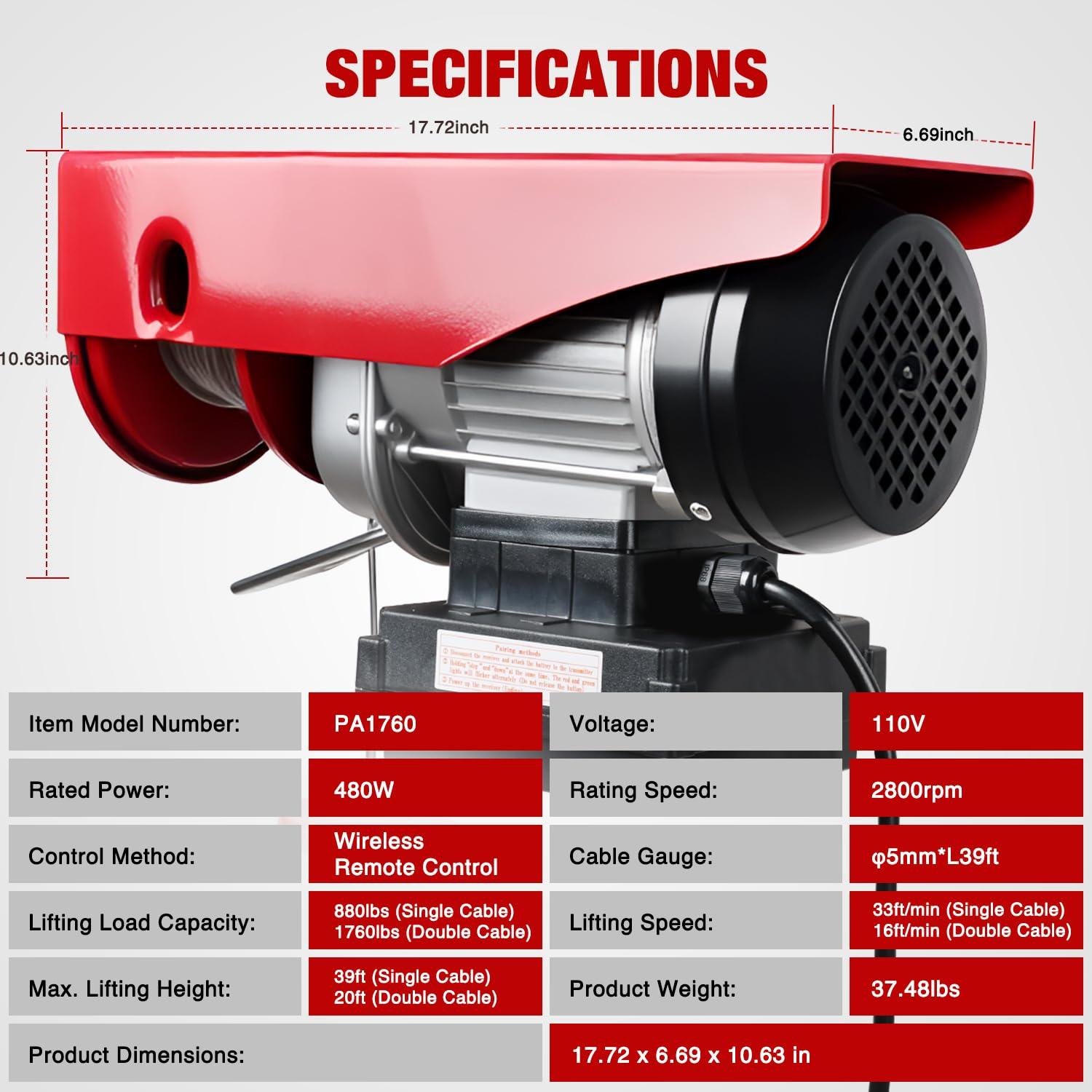 image:imageNilight 1760LBS Electric Hoist 110V Electric Hoist Winch with Wireless Remote Control SingleDouble Slings 39FT Lifting Height Material Handling Tool for Garage Warehouses Factory Attic Ceiling Crane1760LBS Wireless Remote