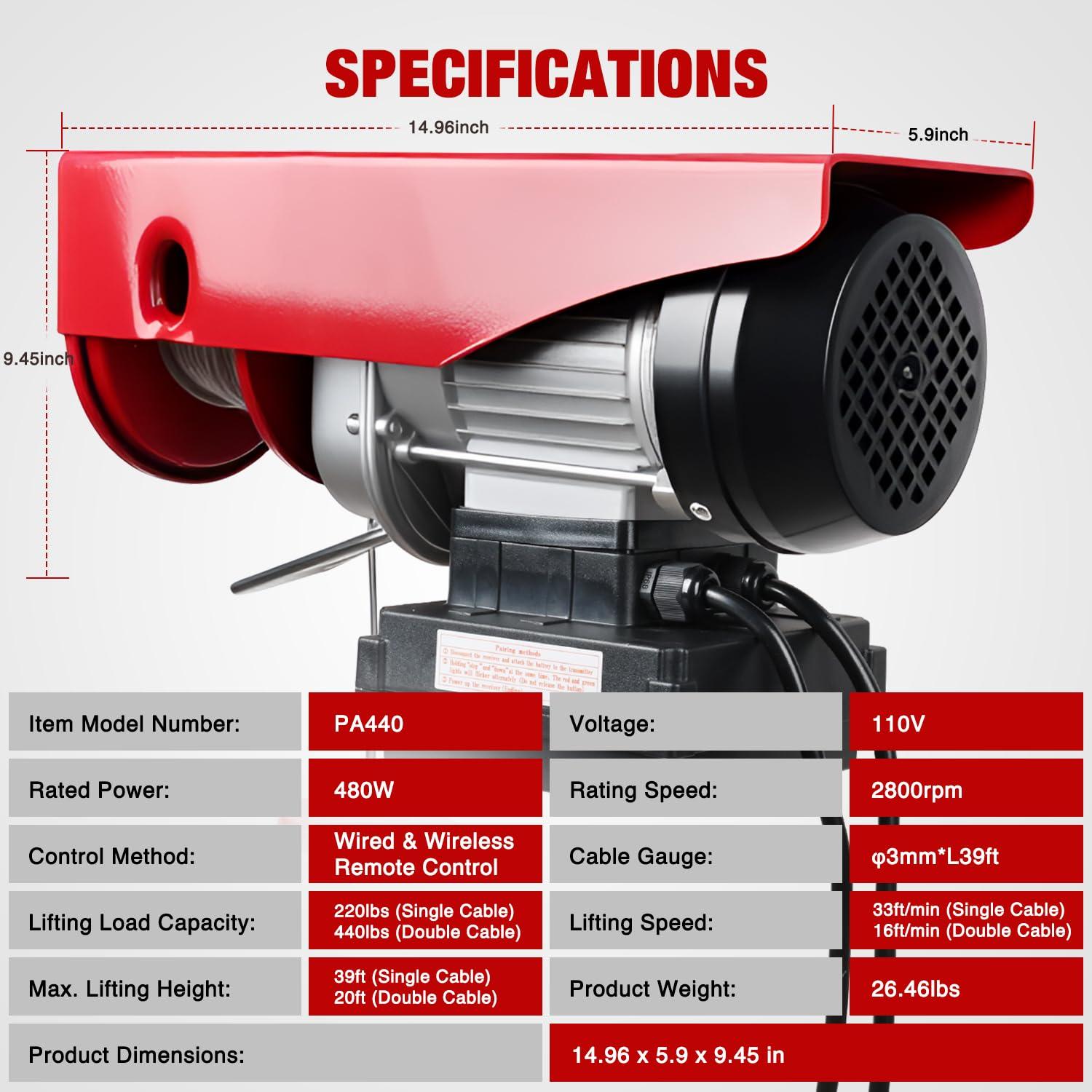 image:imageNilight 1760LBS Electric Hoist 110V Electric Hoist Winch with Wireless Remote Control SingleDouble Slings 39FT Lifting Height Material Handling Tool for Garage Warehouses Factory Attic Ceiling Crane440LBS Wireless Wired Remote