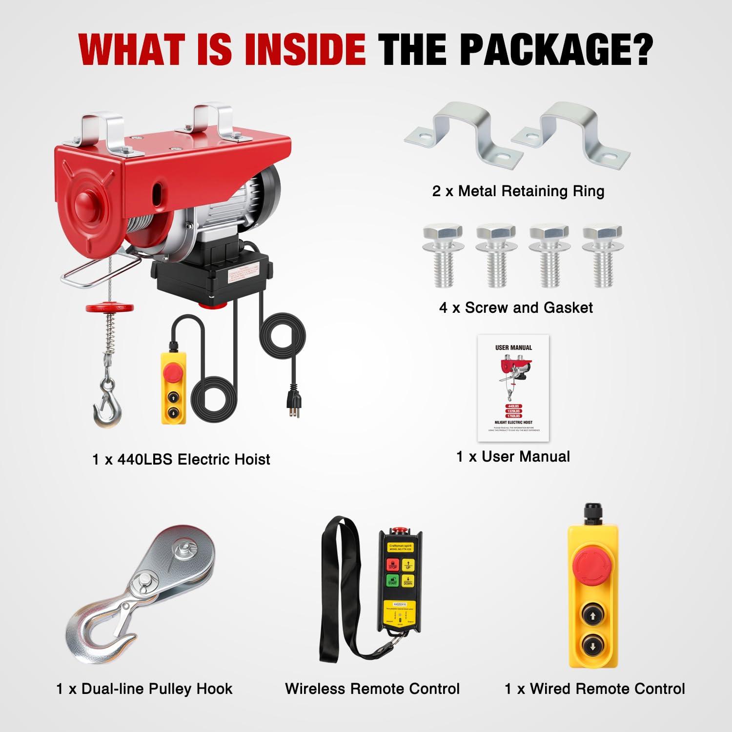 image:imageNilight 1760LBS Electric Hoist 110V Electric Hoist Winch with Wireless Remote Control SingleDouble Slings 39FT Lifting Height Material Handling Tool for Garage Warehouses Factory Attic Ceiling Crane440LBS Wireless Wired Remote