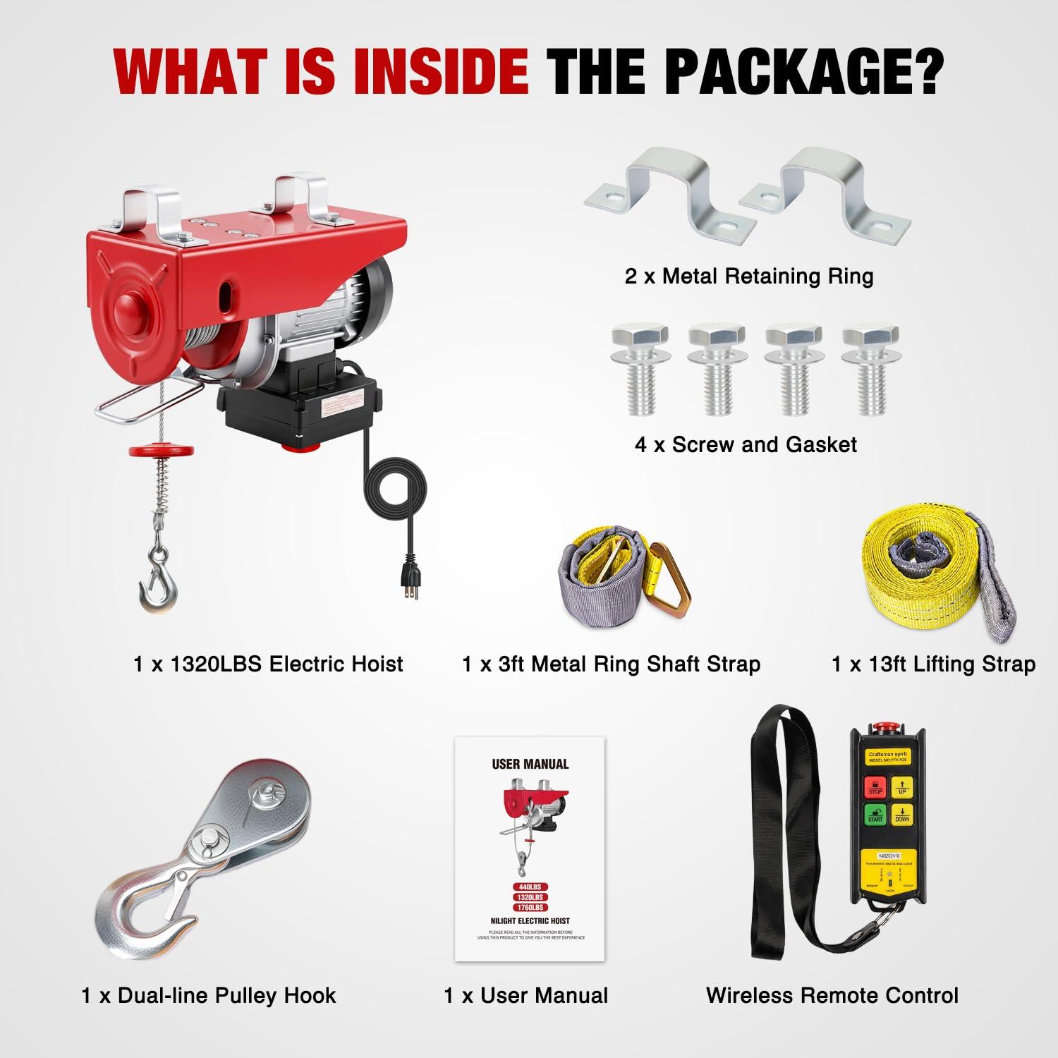 image:imageNilight 1760LBS Electric Hoist 110V Electric Hoist Winch with Wireless Remote Control SingleDouble Slings 39FT Lifting Height Material Handling Tool for Garage Warehouses Factory Attic Ceiling Crane1320LBS Wireless Remote