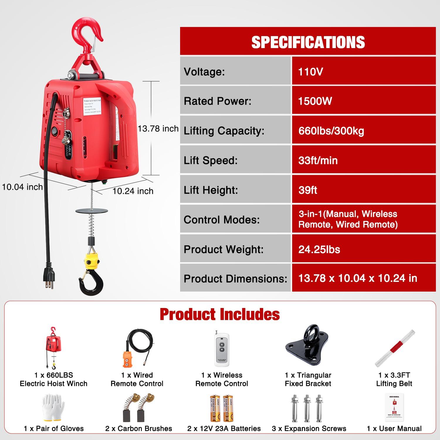 image:imageNilight 3in1 Electric Hoist Winch 1100LBS 1500W Portable Power Winch Crane with Manual Wired Wireless Remote Control 110V Electric Hoist 25FT Lifting Height for Garage Warehouses Factories Orange660LBS 3in1 Red
