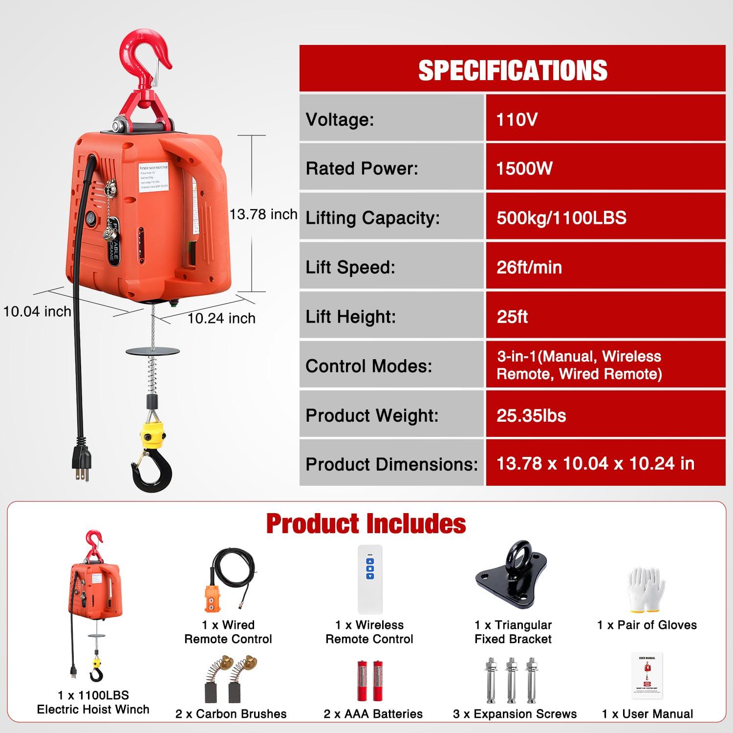 image:imageNilight 3in1 Electric Hoist Winch 1100LBS 1500W Portable Power Winch Crane with Manual Wired Wireless Remote Control 110V Electric Hoist 25FT Lifting Height for Garage Warehouses Factories Orange1100LBS 3in1 Orange