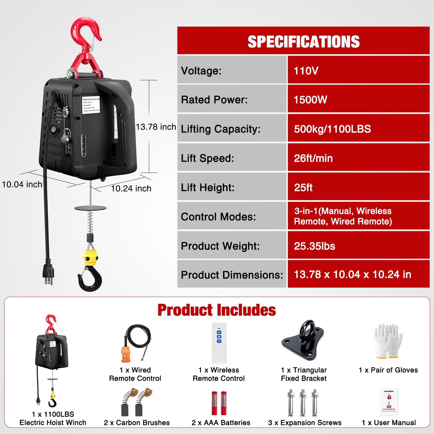 image:imageNilight 3in1 Electric Hoist Winch 1100LBS 1500W Portable Power Winch Crane with Manual Wired Wireless Remote Control 110V Electric Hoist 25FT Lifting Height for Garage Warehouses Factories Orange1100LBS 3in1 Black