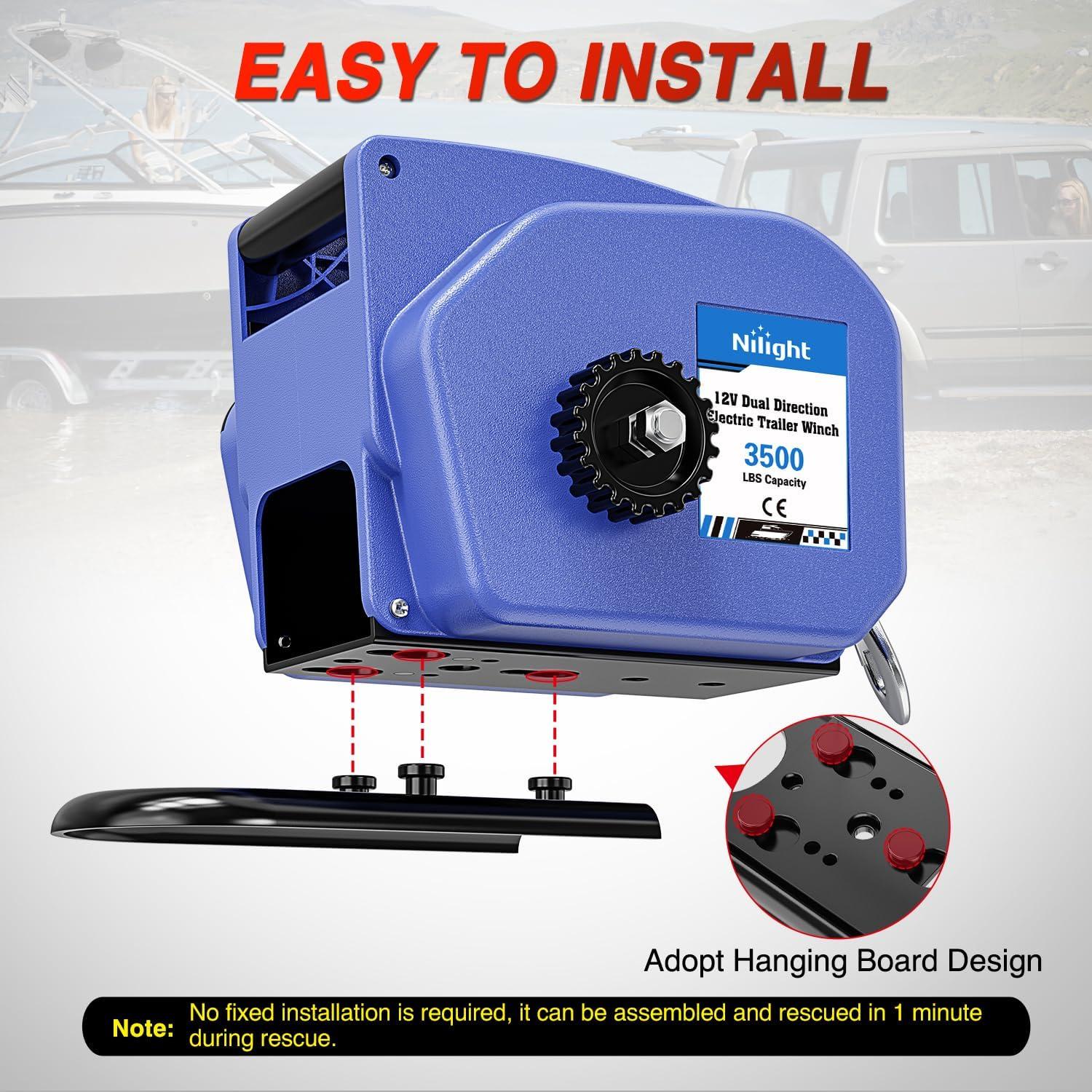 image:imageNilight Boat Trailer Winch 3500 lbs Portable Electric Boat Winches 12 V DC Marine Winch with Steel Cable Remote Control amp Hand Crank PowerIn Freewheel Operat Waterproof Winch for Boat Trailer OrangeBlue