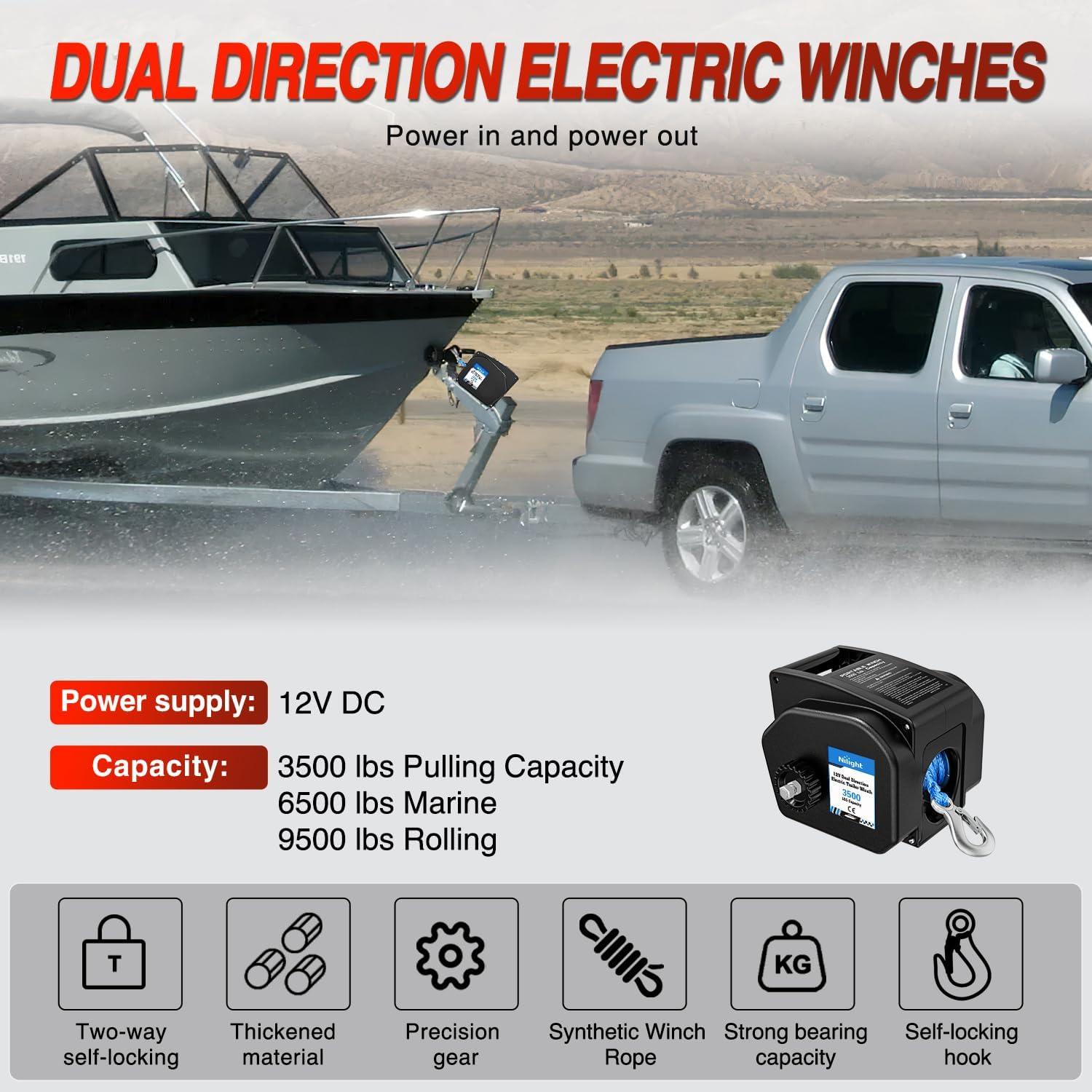 image:imageNilight Boat Trailer Winch 3500 lbs Portable Electric Boat Winches 12 V DC Marine Winch with Steel Cable Remote Control amp Hand Crank PowerIn Freewheel Operat Waterproof Winch for Boat Trailer OrangeBlack