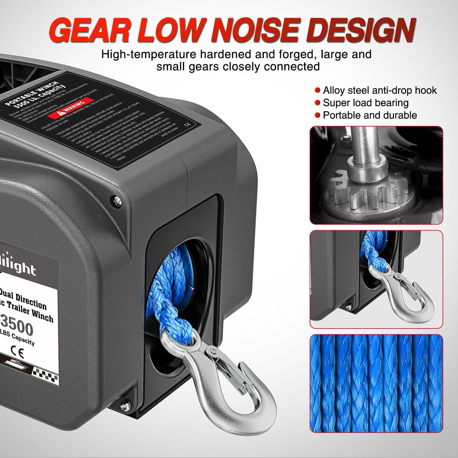 image:imageNilight Boat Trailer Winch 3500 lbs Portable Electric Boat Winches 12 V DC Marine Winch with Steel Cable Remote Control amp Hand Crank PowerIn Freewheel Operat Waterproof Winch for Boat Trailer OrangeGray