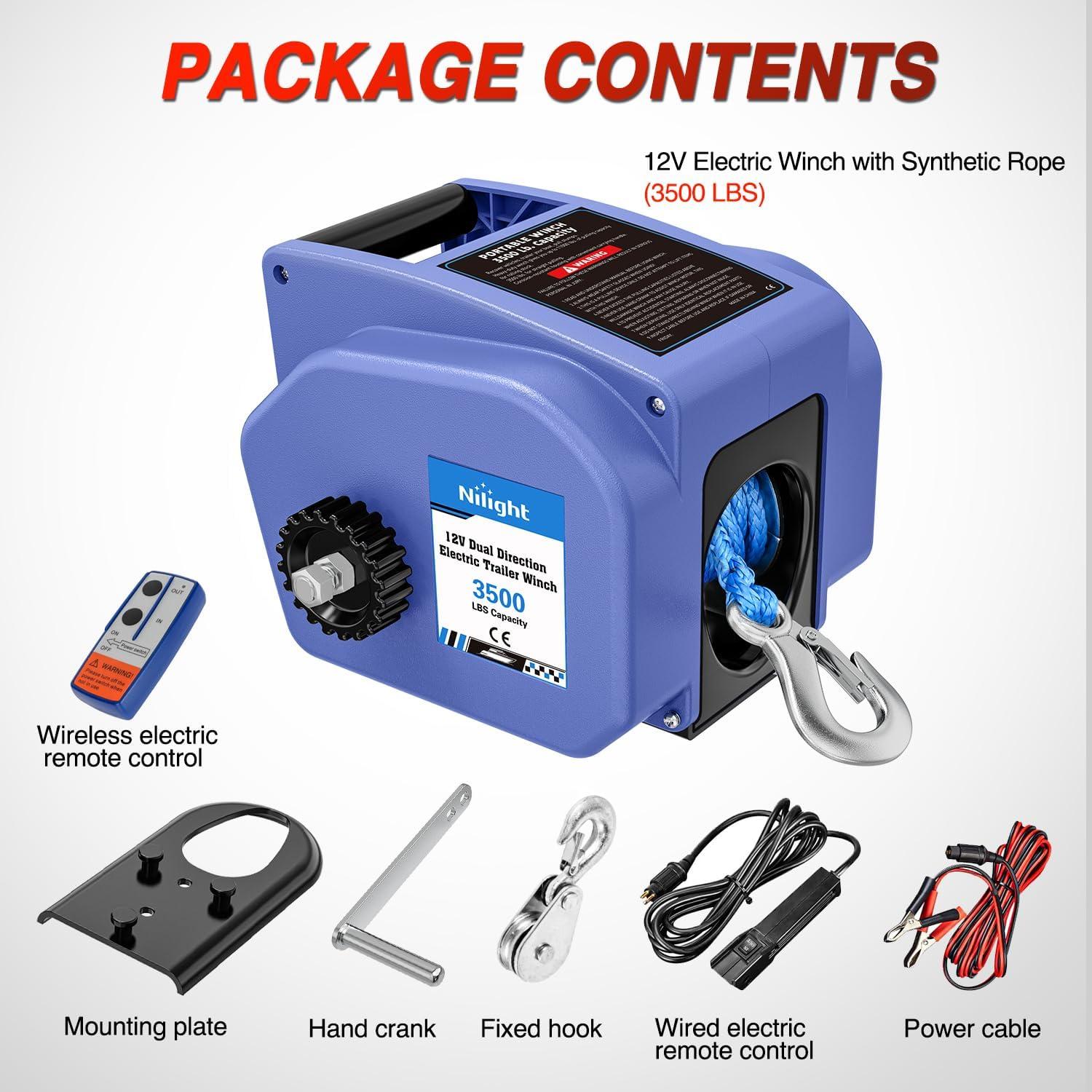 image:imageNilight Boat Trailer Winch 3500 lbs Portable Electric Boat Winches 12 V DC Marine Winch with Steel Cable Remote Control amp Hand Crank PowerIn Freewheel Operat Waterproof Winch for Boat Trailer OrangeBlue