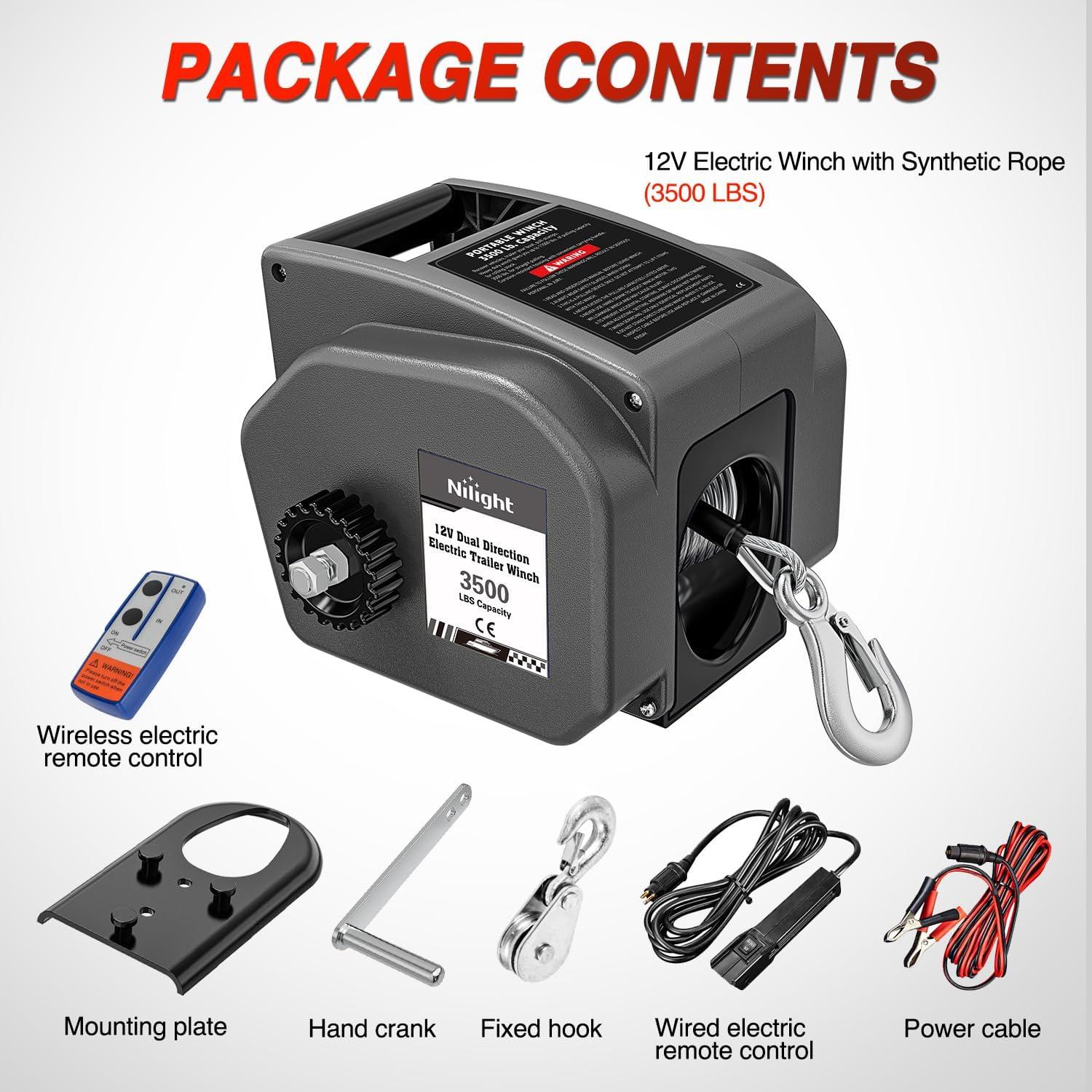 image:imageNilight Boat Trailer Winch 3500 lbs Portable Electric Boat Winches 12 V DC Marine Winch with Steel Cable Remote Control amp Hand Crank PowerIn Freewheel Operat Waterproof Winch for Boat Trailer OrangeGray