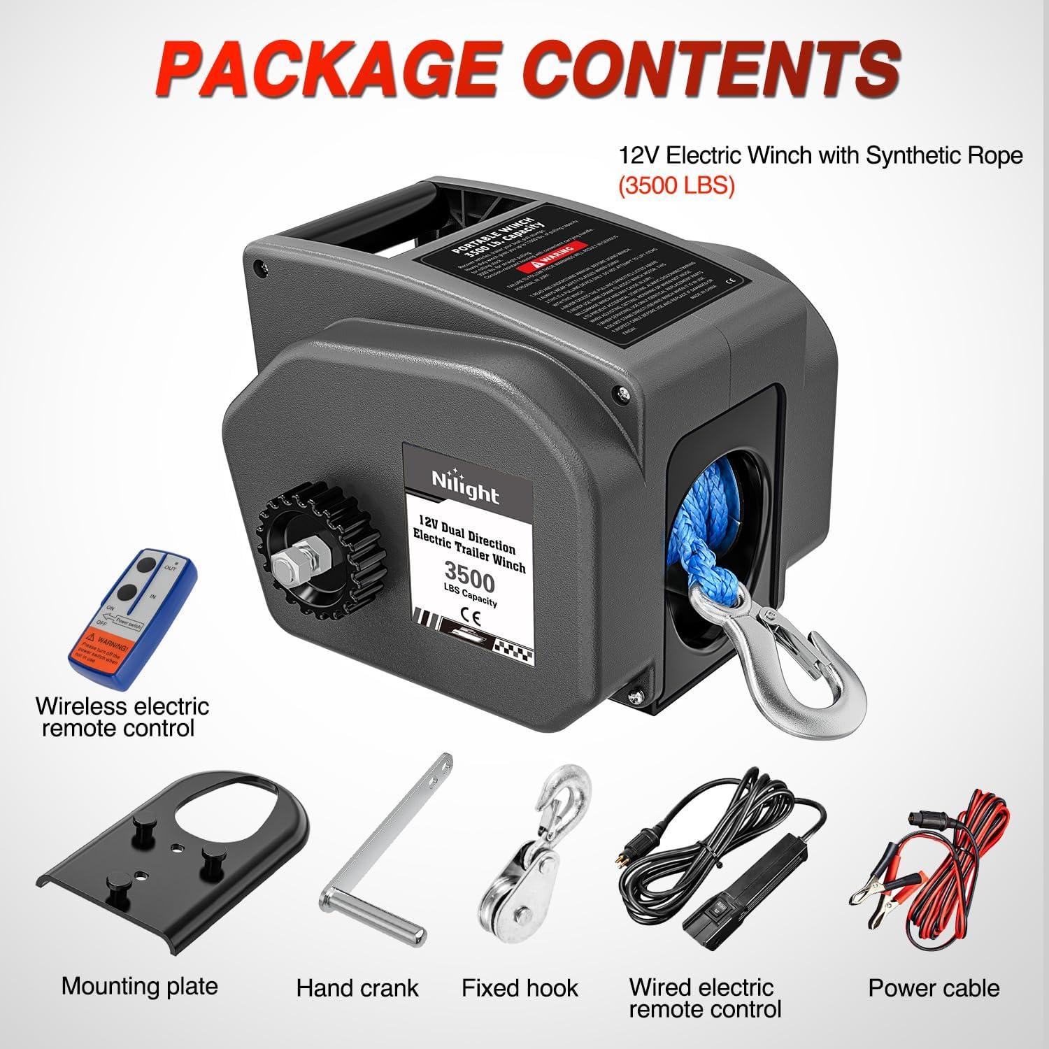 image:imageNilight Boat Trailer Winch 3500 lbs Portable Electric Boat Winches 12 V DC Marine Winch with Steel Cable Remote Control amp Hand Crank PowerIn Freewheel Operat Waterproof Winch for Boat Trailer OrangeGray