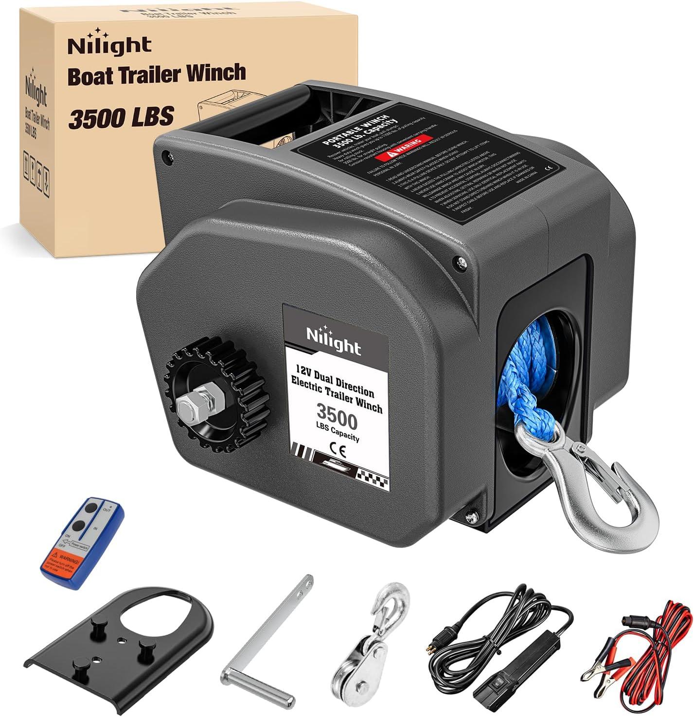 image:imageNilight Boat Trailer Winch 3500 lbs Portable Electric Boat Winches 12 V DC Marine Winch with Steel Cable Remote Control amp Hand Crank PowerIn Freewheel Operat Waterproof Winch for Boat Trailer OrangeGray