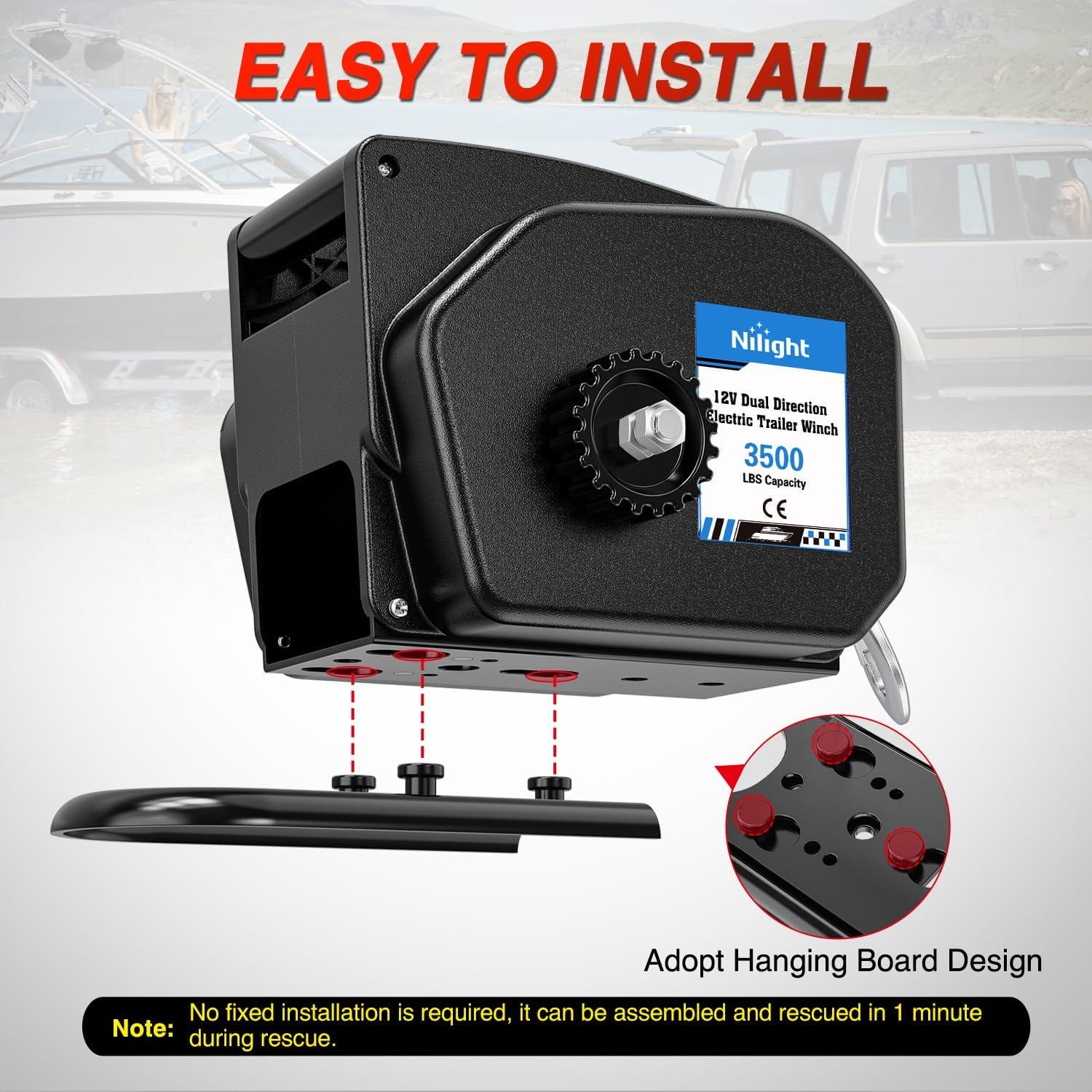 image:imageNilight Boat Trailer Winch 3500 lbs Portable Electric Boat Winches 12 V DC Marine Winch with Steel Cable Remote Control amp Hand Crank PowerIn Freewheel Operat Waterproof Winch for Boat Trailer OrangeBlack