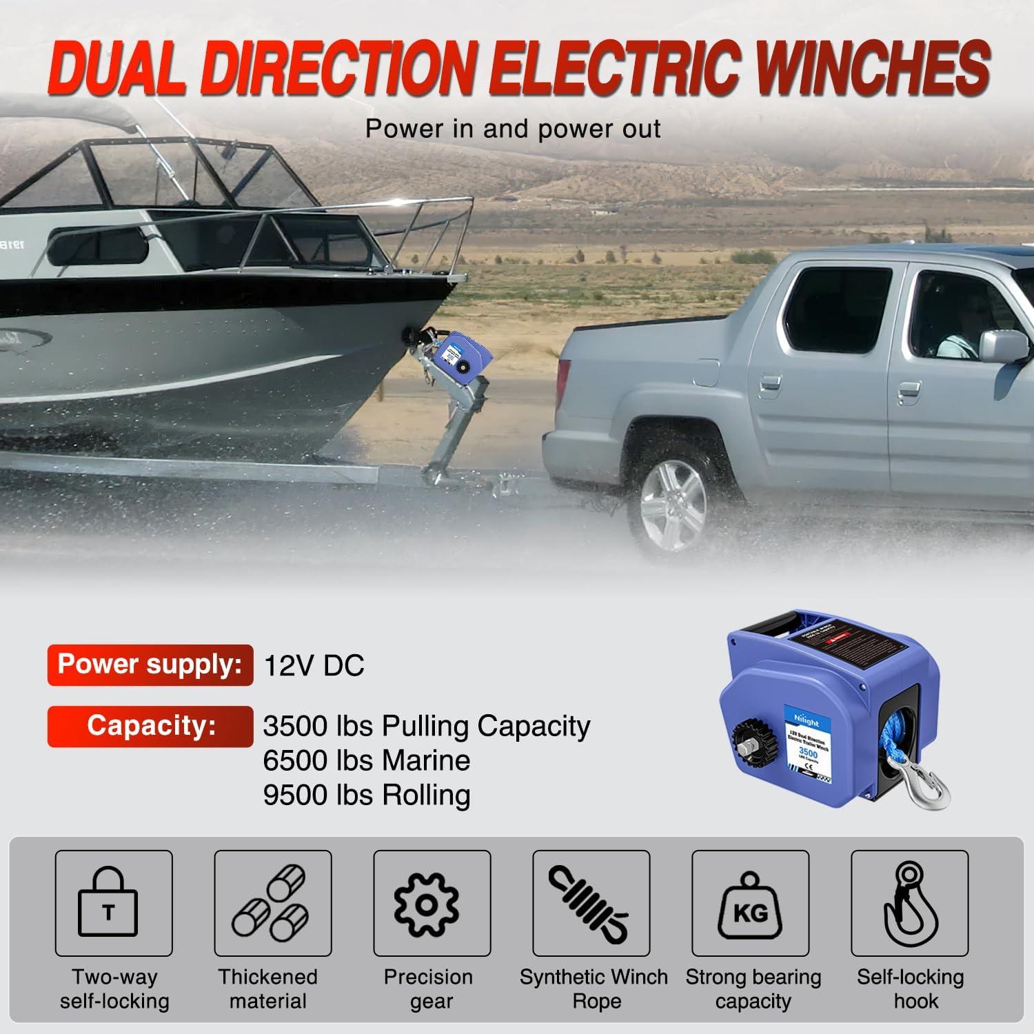 image:imageNilight Boat Trailer Winch 3500 lbs Portable Electric Boat Winches 12 V DC Marine Winch with Steel Cable Remote Control amp Hand Crank PowerIn Freewheel Operat Waterproof Winch for Boat Trailer OrangeBlue