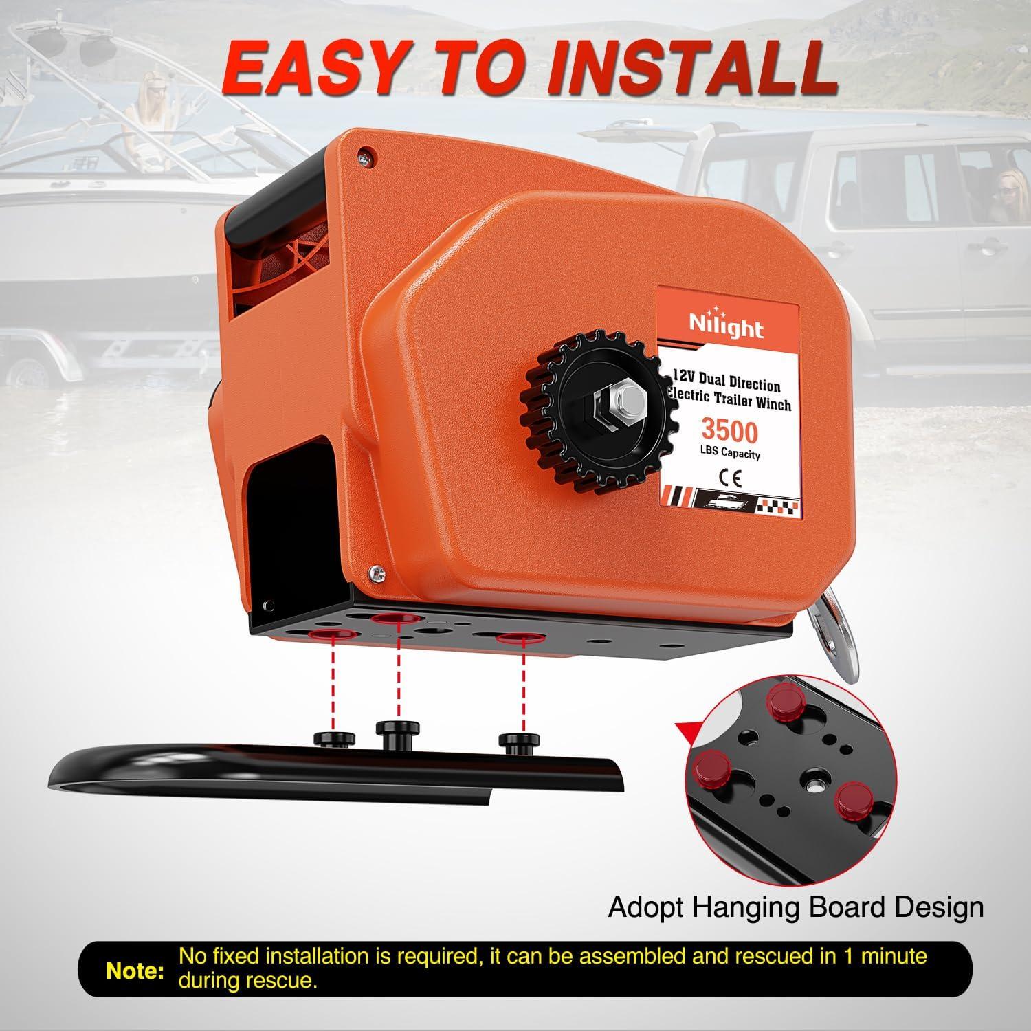 image:imageNilight Boat Trailer Winch 3500 lbs Portable Electric Boat Winches 12 V DC Marine Winch with Steel Cable Remote Control amp Hand Crank PowerIn Freewheel Operat Waterproof Winch for Boat Trailer OrangeOrange