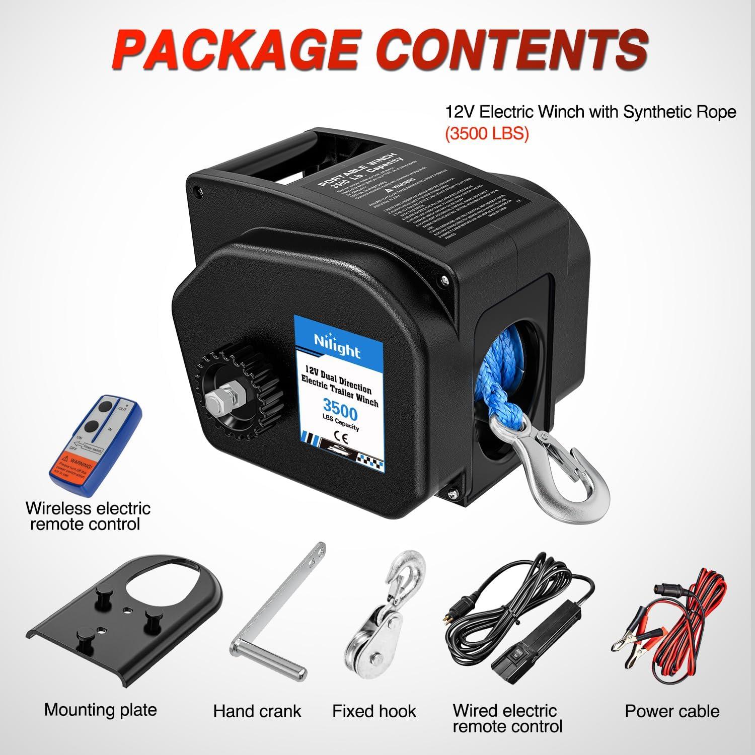 image:imageNilight Boat Trailer Winch 3500 lbs Portable Electric Boat Winches 12 V DC Marine Winch with Steel Cable Remote Control amp Hand Crank PowerIn Freewheel Operat Waterproof Winch for Boat Trailer OrangeBlack