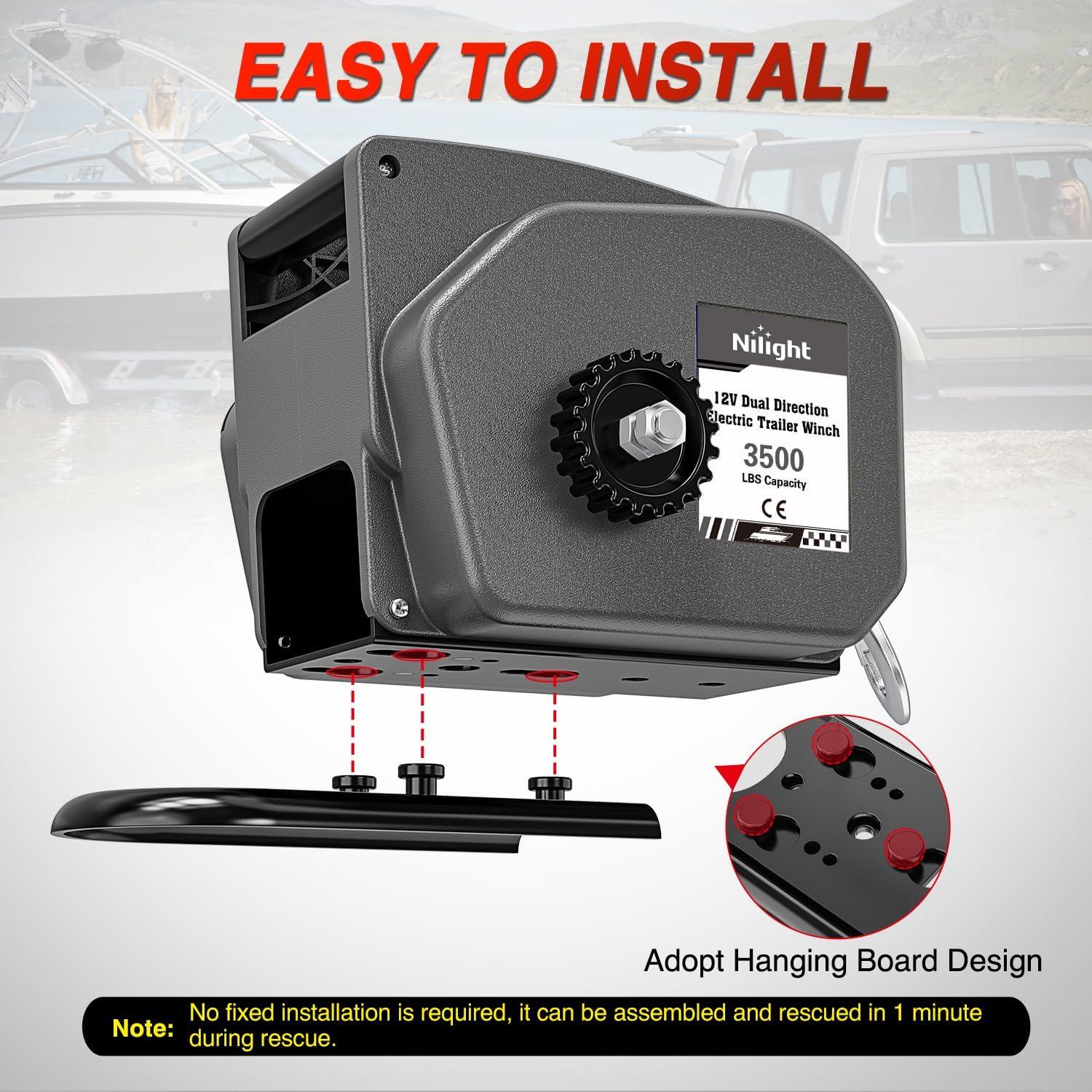 image:imageNilight Boat Trailer Winch 3500 lbs Portable Electric Boat Winches 12 V DC Marine Winch with Steel Cable Remote Control amp Hand Crank PowerIn Freewheel Operat Waterproof Winch for Boat Trailer OrangeGray