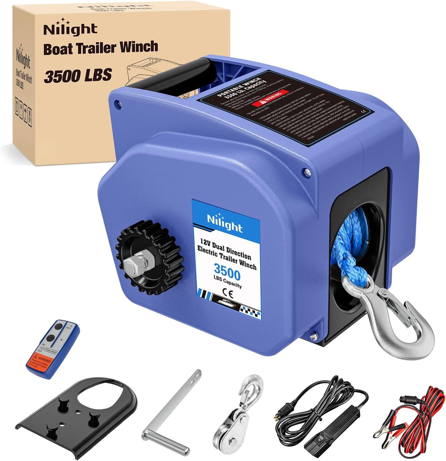image:imageNilight Boat Trailer Winch 3500 lbs Portable Electric Boat Winches 12 V DC Marine Winch with Steel Cable Remote Control amp Hand Crank PowerIn Freewheel Operat Waterproof Winch for Boat Trailer OrangeBlue