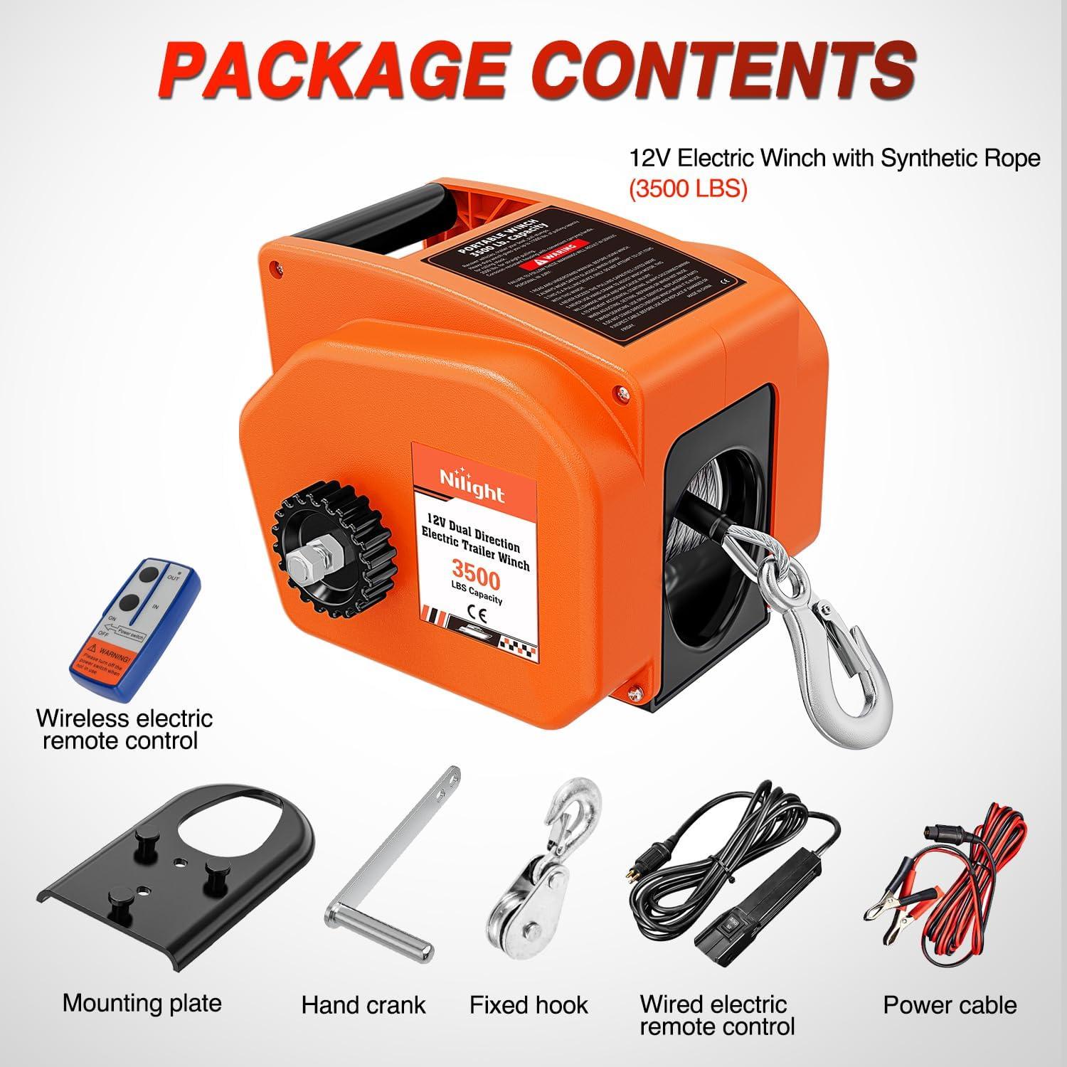 image:imageNilight Boat Trailer Winch 3500 lbs Portable Electric Boat Winches 12 V DC Marine Winch with Steel Cable Remote Control amp Hand Crank PowerIn Freewheel Operat Waterproof Winch for Boat Trailer OrangeOrange