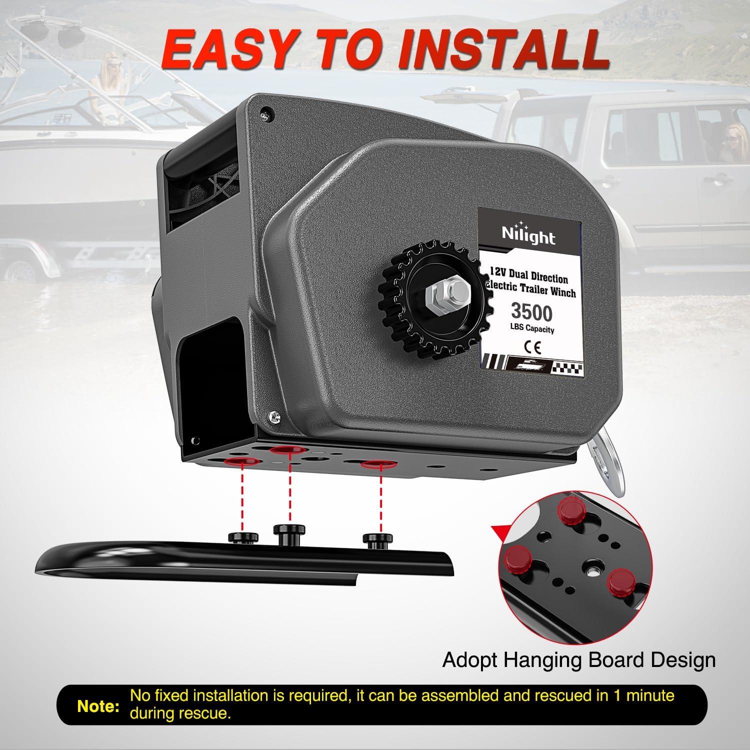 image:imageNilight Boat Trailer Winch 3500 lbs Portable Electric Boat Winches 12 V DC Marine Winch with Steel Cable Remote Control amp Hand Crank PowerIn Freewheel Operat Waterproof Winch for Boat Trailer OrangeGray
