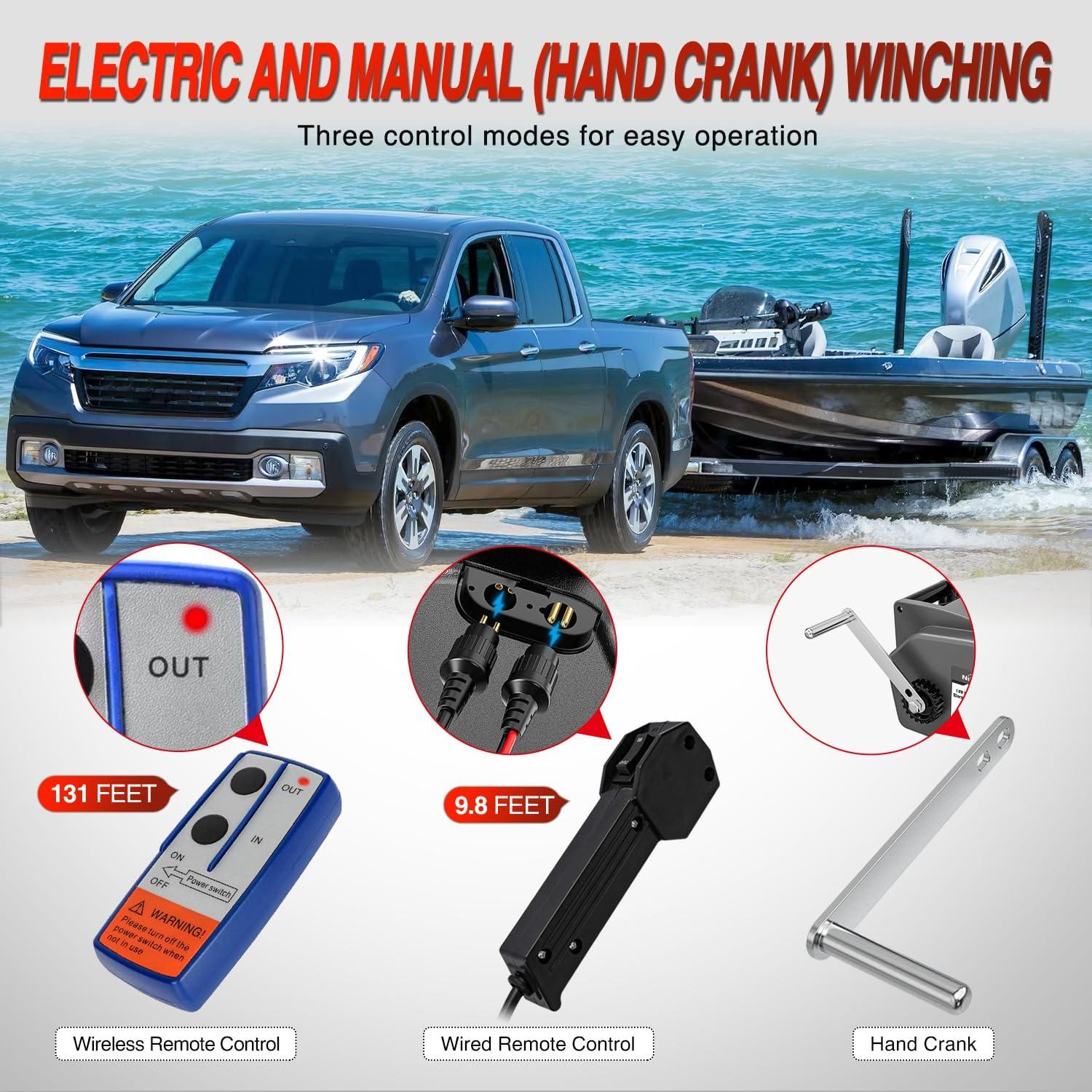 image:imageNilight Boat Trailer Winch 3500 lbs Portable Electric Boat Winches 12 V DC Marine Winch with Steel Cable Remote Control amp Hand Crank PowerIn Freewheel Operat Waterproof Winch for Boat Trailer OrangeGray