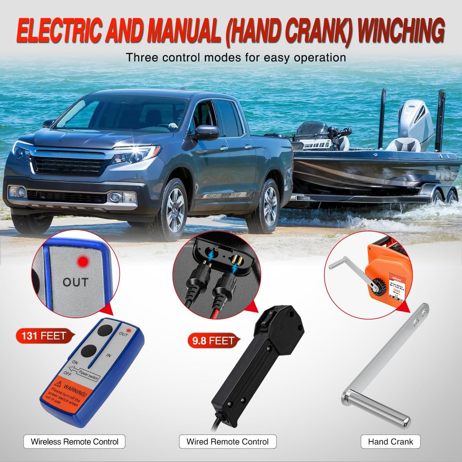 image:imageNilight Boat Trailer Winch 3500 lbs Portable Electric Boat Winches 12 V DC Marine Winch with Steel Cable Remote Control amp Hand Crank PowerIn Freewheel Operat Waterproof Winch for Boat Trailer OrangeOrange
