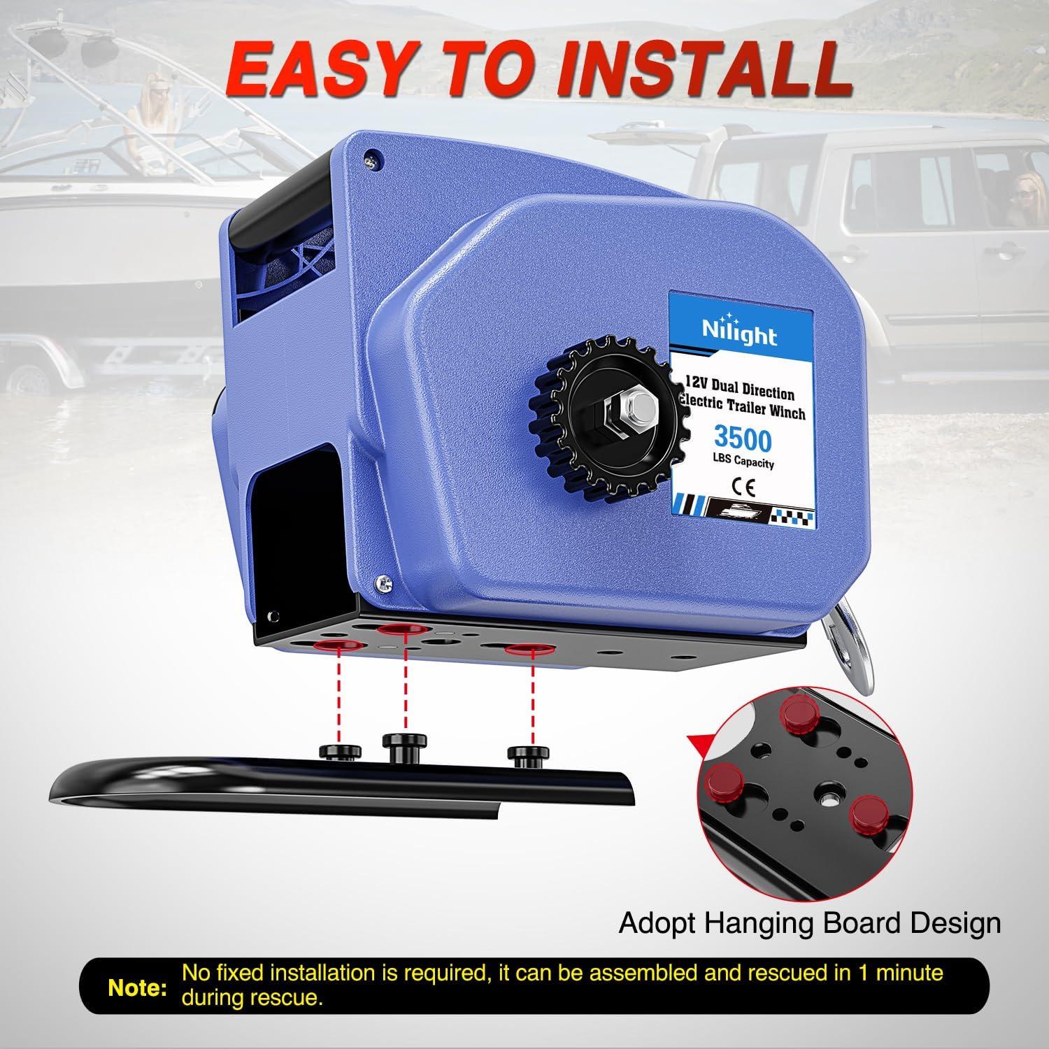 image:imageNilight Boat Trailer Winch 3500 lbs Portable Electric Boat Winches 12 V DC Marine Winch with Steel Cable Remote Control amp Hand Crank PowerIn Freewheel Operat Waterproof Winch for Boat Trailer OrangeBlue