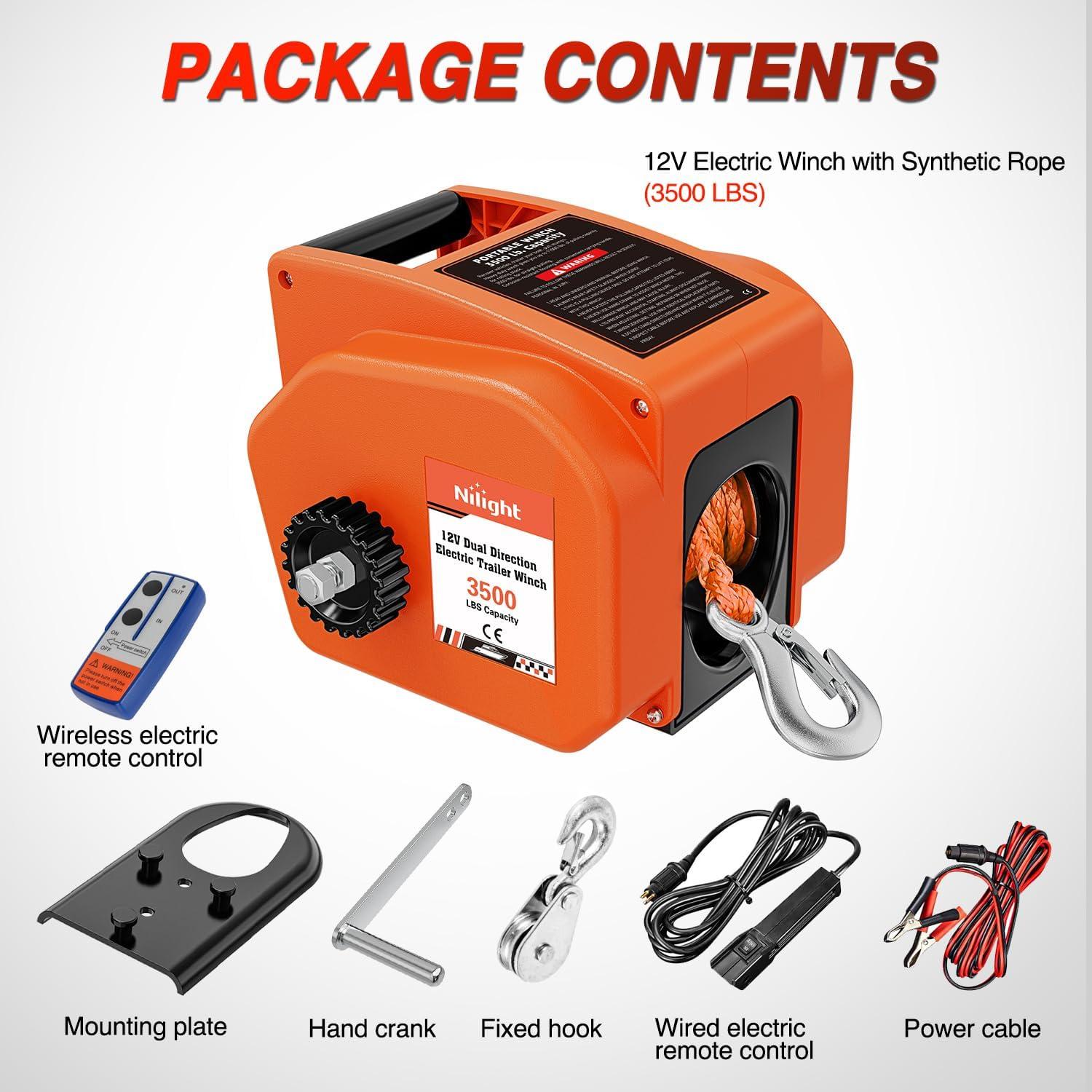image:imageNilight Boat Trailer Winch 3500 lbs Portable Electric Boat Winches 12 V DC Marine Winch with Steel Cable Remote Control amp Hand Crank PowerIn Freewheel Operat Waterproof Winch for Boat Trailer OrangeOrange