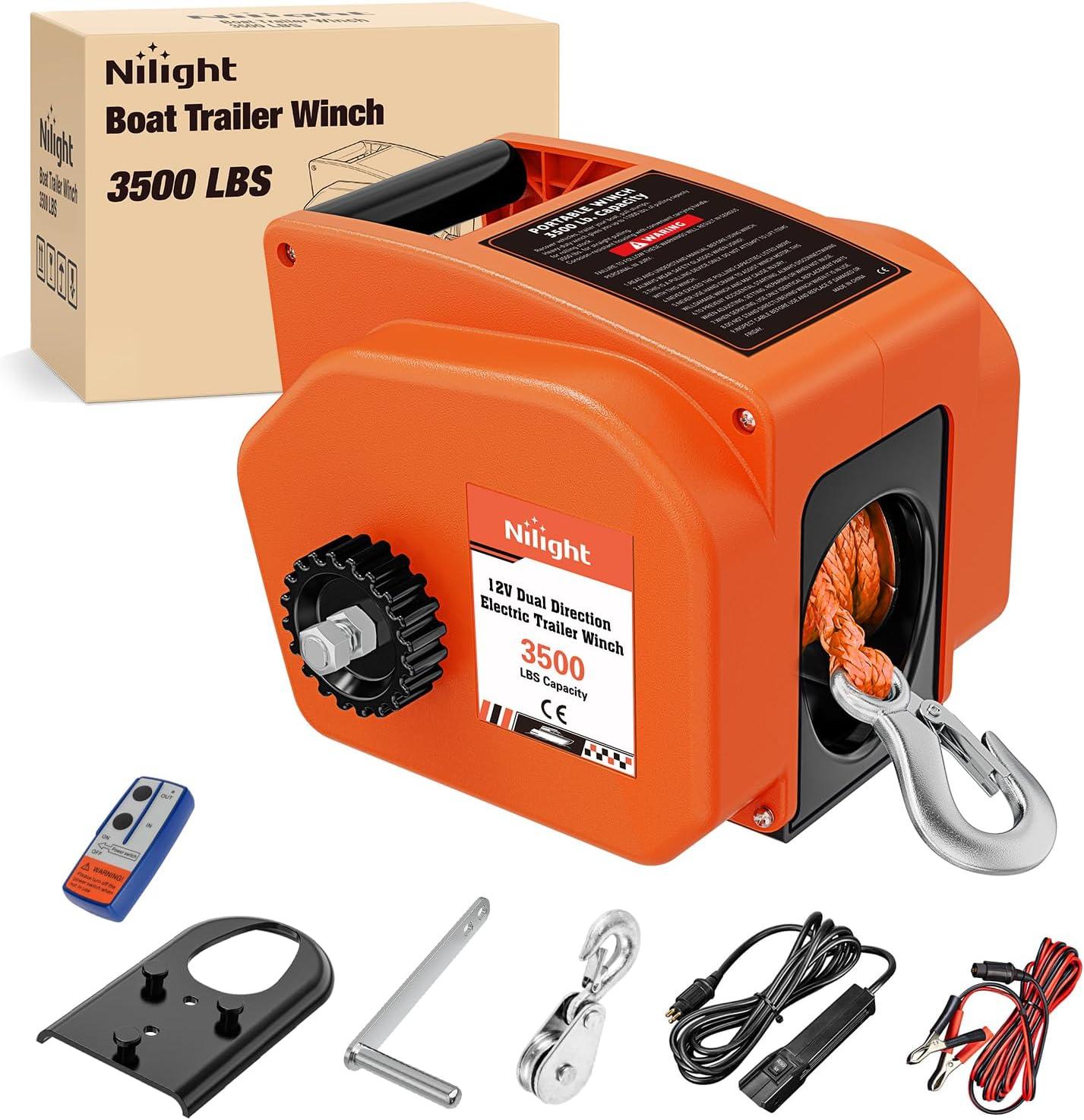 image:imageNilight Boat Trailer Winch 3500 lbs Portable Electric Boat Winches 12 V DC Marine Winch with Steel Cable Remote Control amp Hand Crank PowerIn Freewheel Operat Waterproof Winch for Boat Trailer OrangeOrange