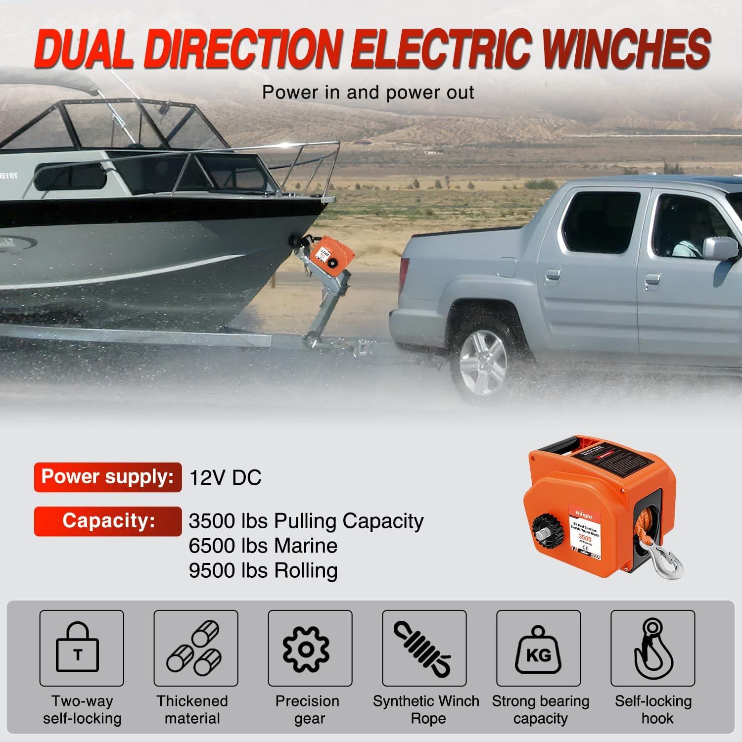 image:imageNilight Boat Trailer Winch 3500 lbs Portable Electric Boat Winches 12 V DC Marine Winch with Steel Cable Remote Control amp Hand Crank PowerIn Freewheel Operat Waterproof Winch for Boat Trailer OrangeOrange