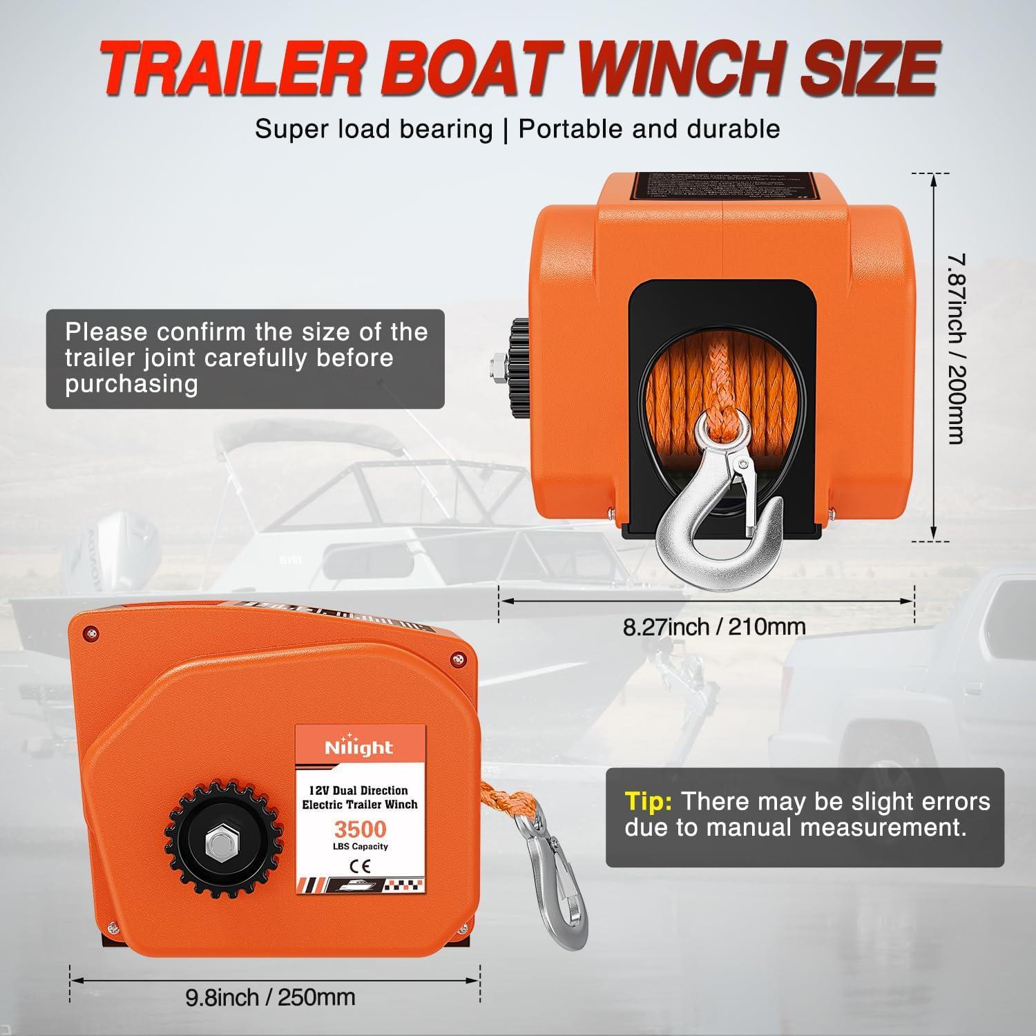 image:imageNilight Boat Trailer Winch 3500 lbs Portable Electric Boat Winches 12 V DC Marine Winch with Steel Cable Remote Control amp Hand Crank PowerIn Freewheel Operat Waterproof Winch for Boat Trailer OrangeOrange